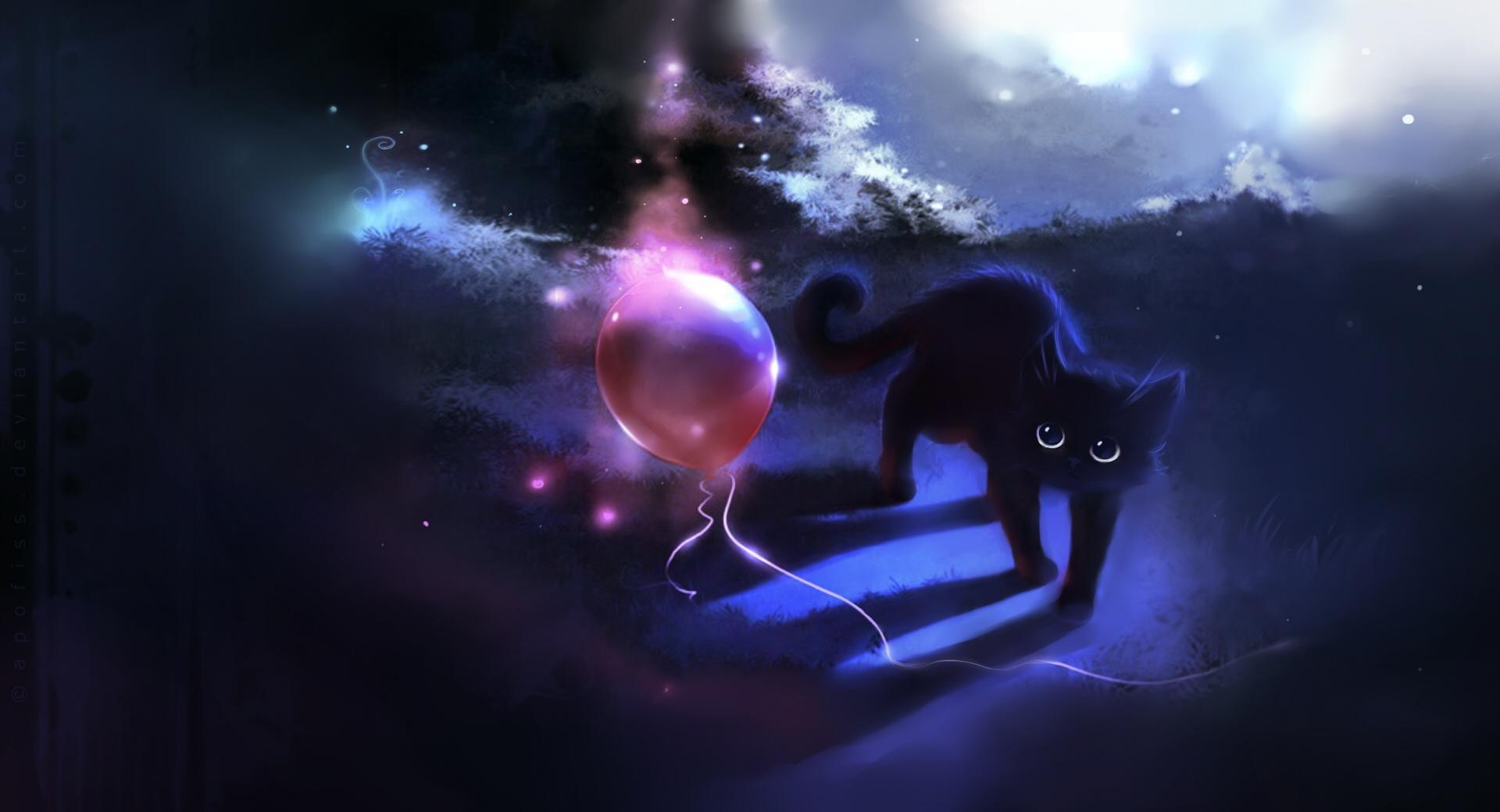 1920x1040 Black Kitty And A Red Balloon Wallpaper HD Download