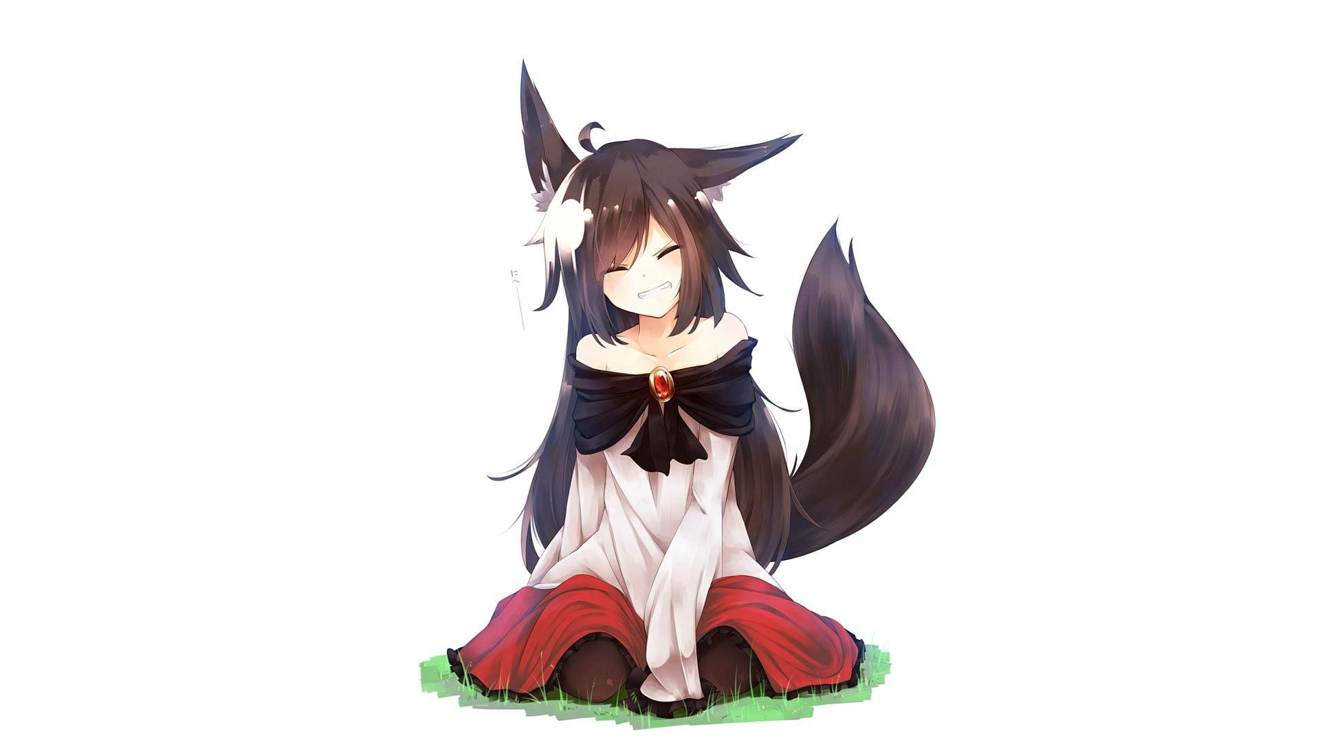 1920x1080 black hair anime character #anime anime girls simple background fox girl fox tail #smiling black hair long hair kitsunemimi P. Anime artwork, Fox girl, Anime