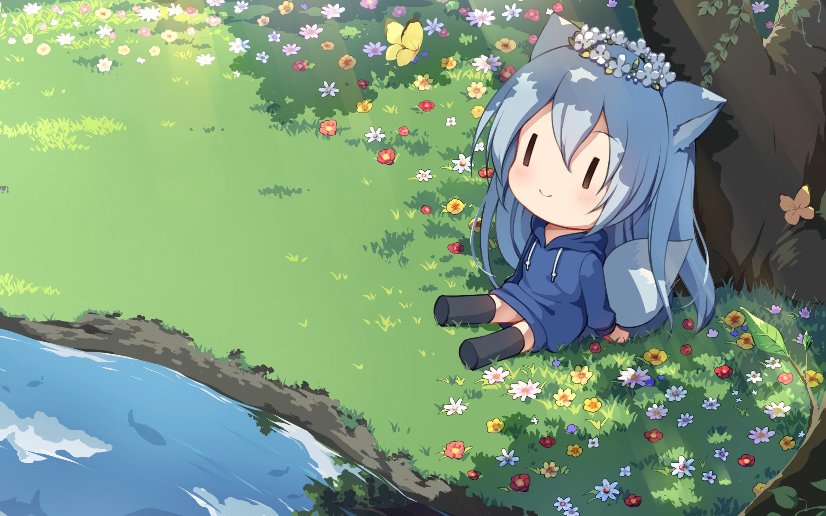2880x1800 Download 2880x1800 Chibi Anime Girl, Cute, Aqua Hair, Reflection, Fox Girl, Animal Ears, Butterfly Wallpaper for MacBook Pro 15 inch