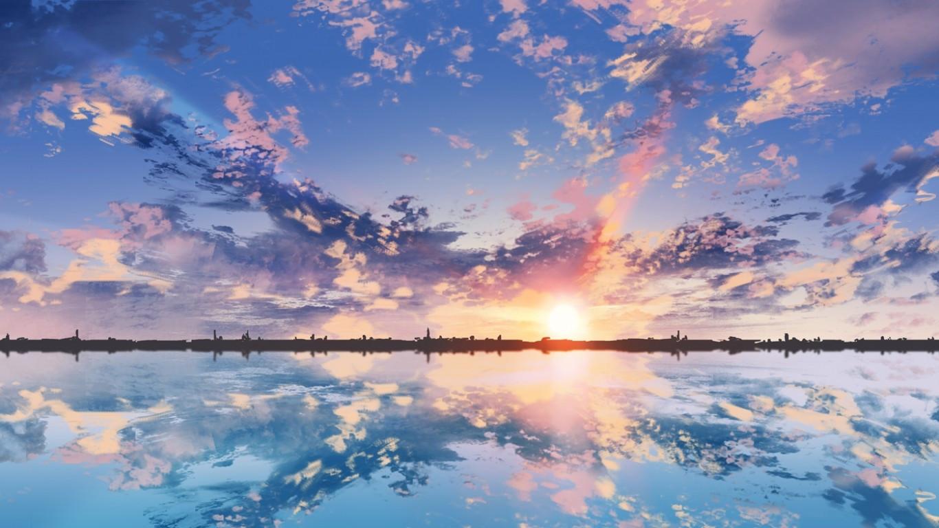 1366x768 Download 1366x768 Anime Scenic, Clouds, Sunset, Reflection, Dual Monitor Wallpaper for Laptop, Notebook