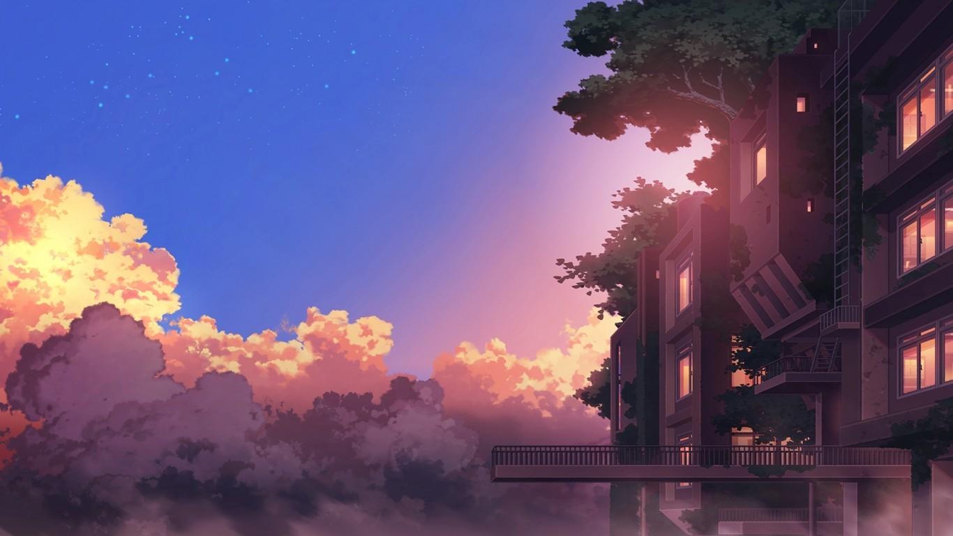 1366x768 Anime Landscape, Building, Sunset, Clouds, Scenic Landscape HD Wallpaper