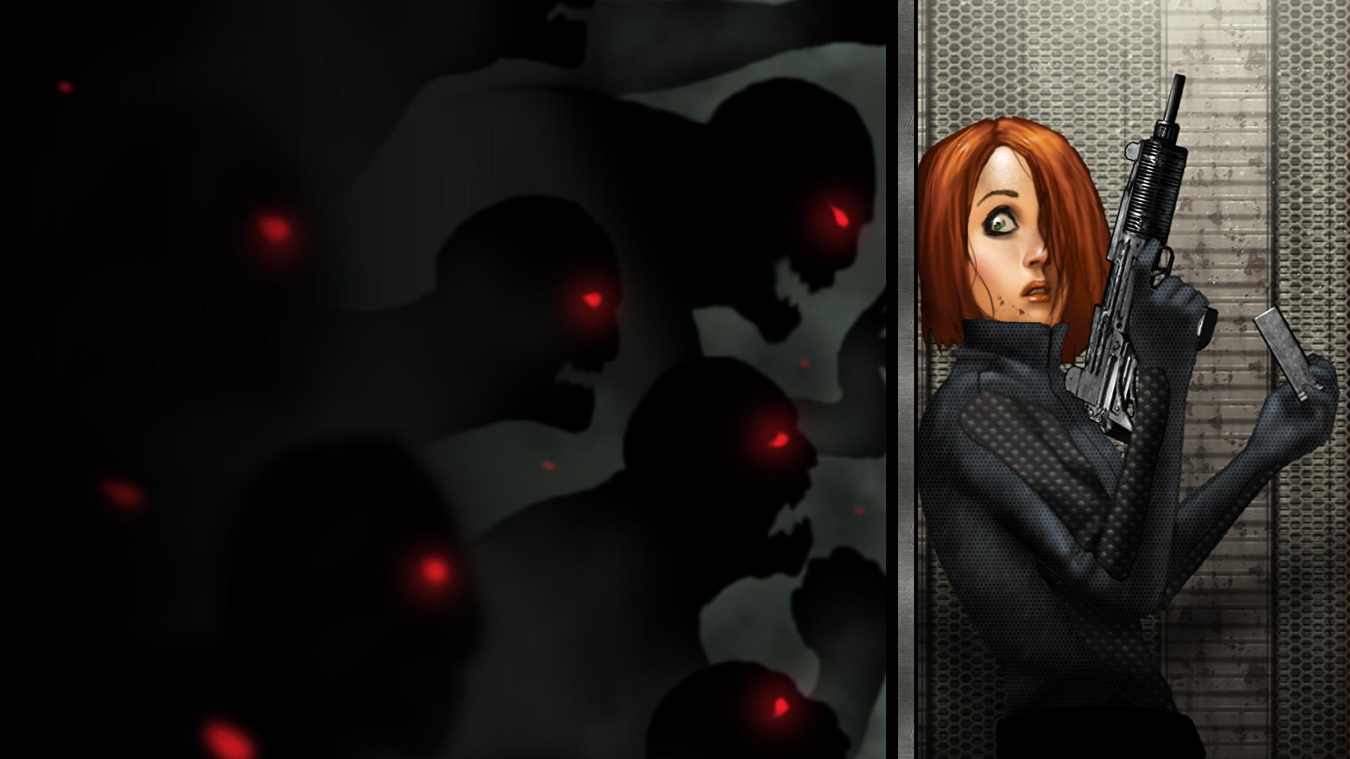 1920x1080 Photos Zombie Redhead girl Assault rifle scare Fantasy 1920x1080