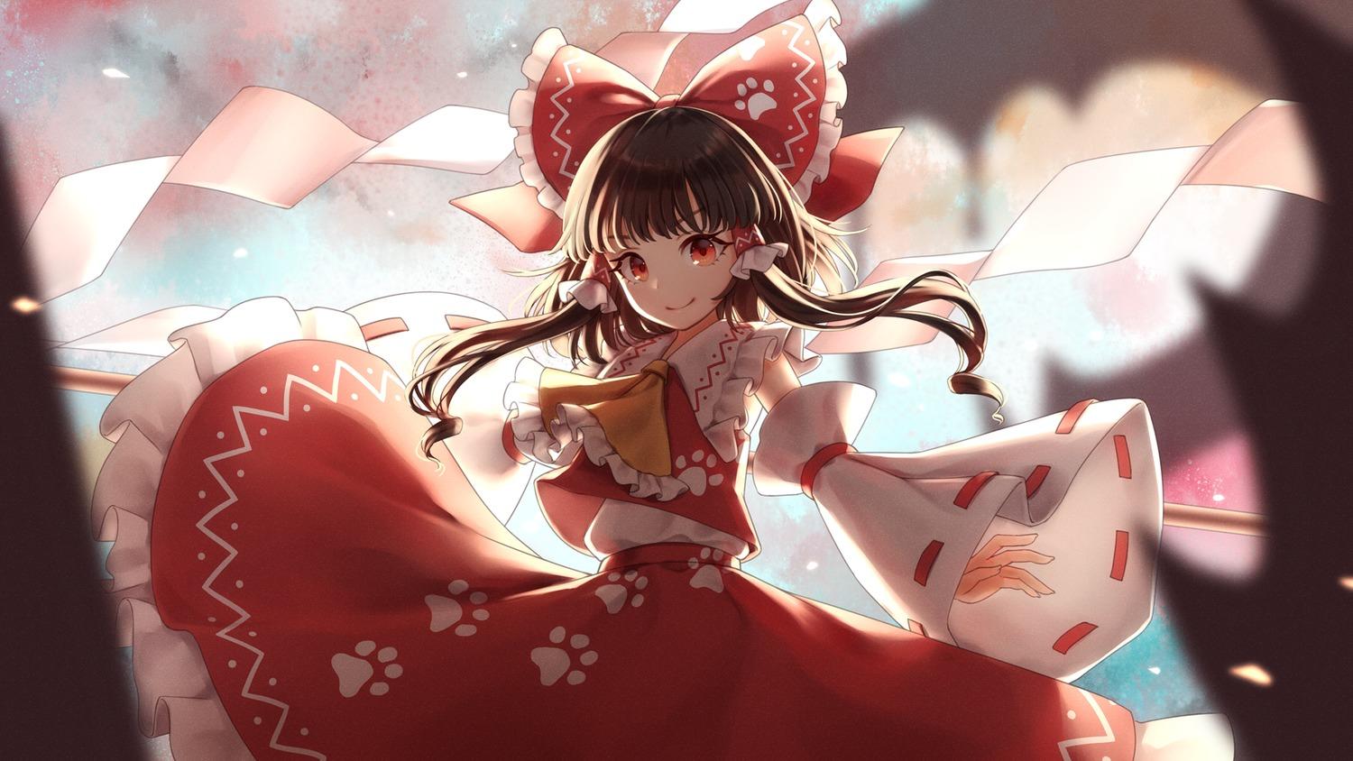1500x844 torinari (dtvisu) touhou hakurei reimu miko skirt lift wallpaper
