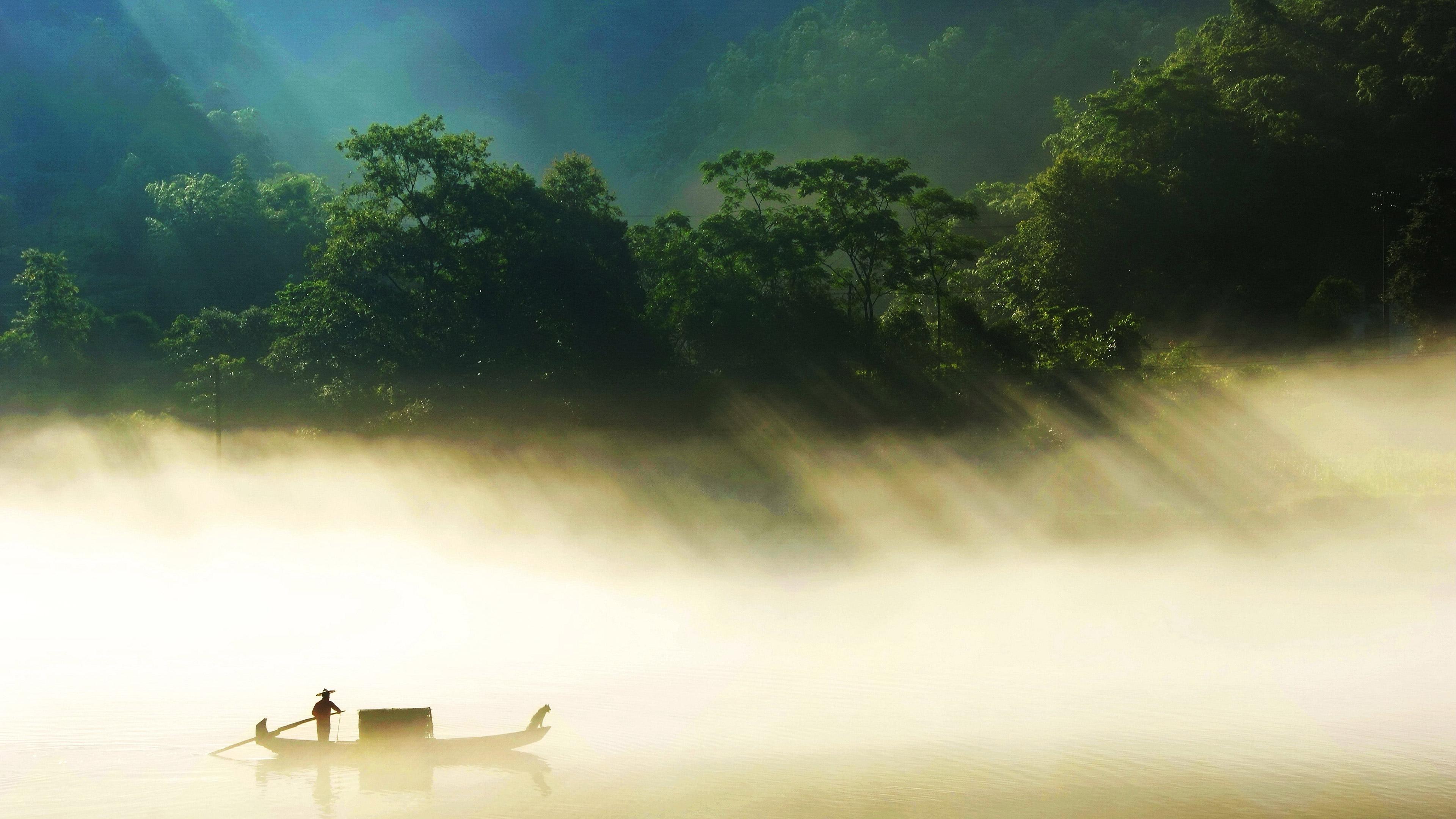 3840x2160 Fisherman On The Misty Lake, HD Nature, 4k Wallpaper, Image, Background, Photo and Picture