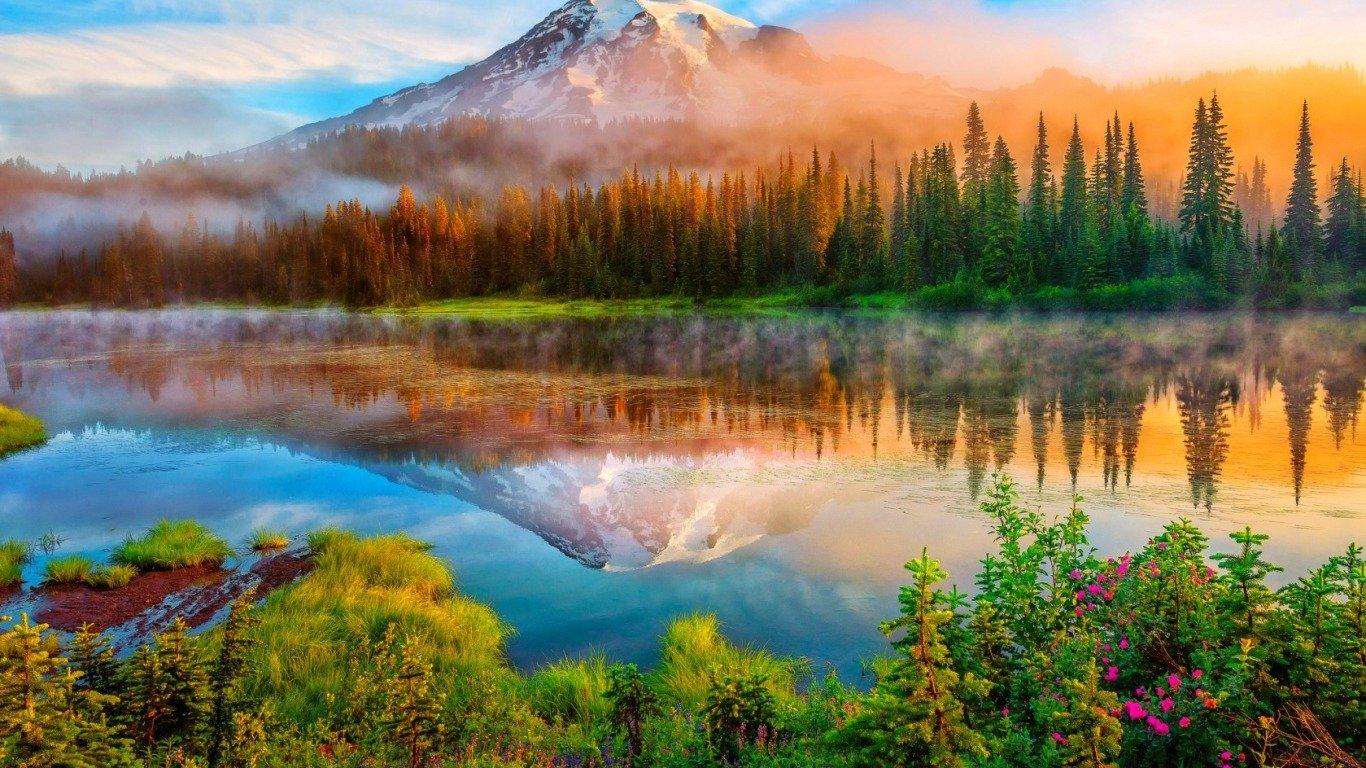 1366x768 Misty Lake Wallpaper and Background Imagex768