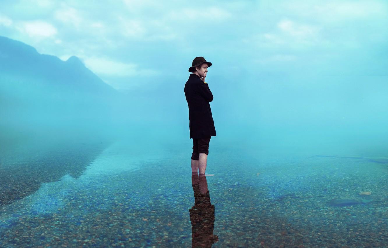 1332x850 Wallpaper lost, misty, lake, fog, man image for desktop, section настроения