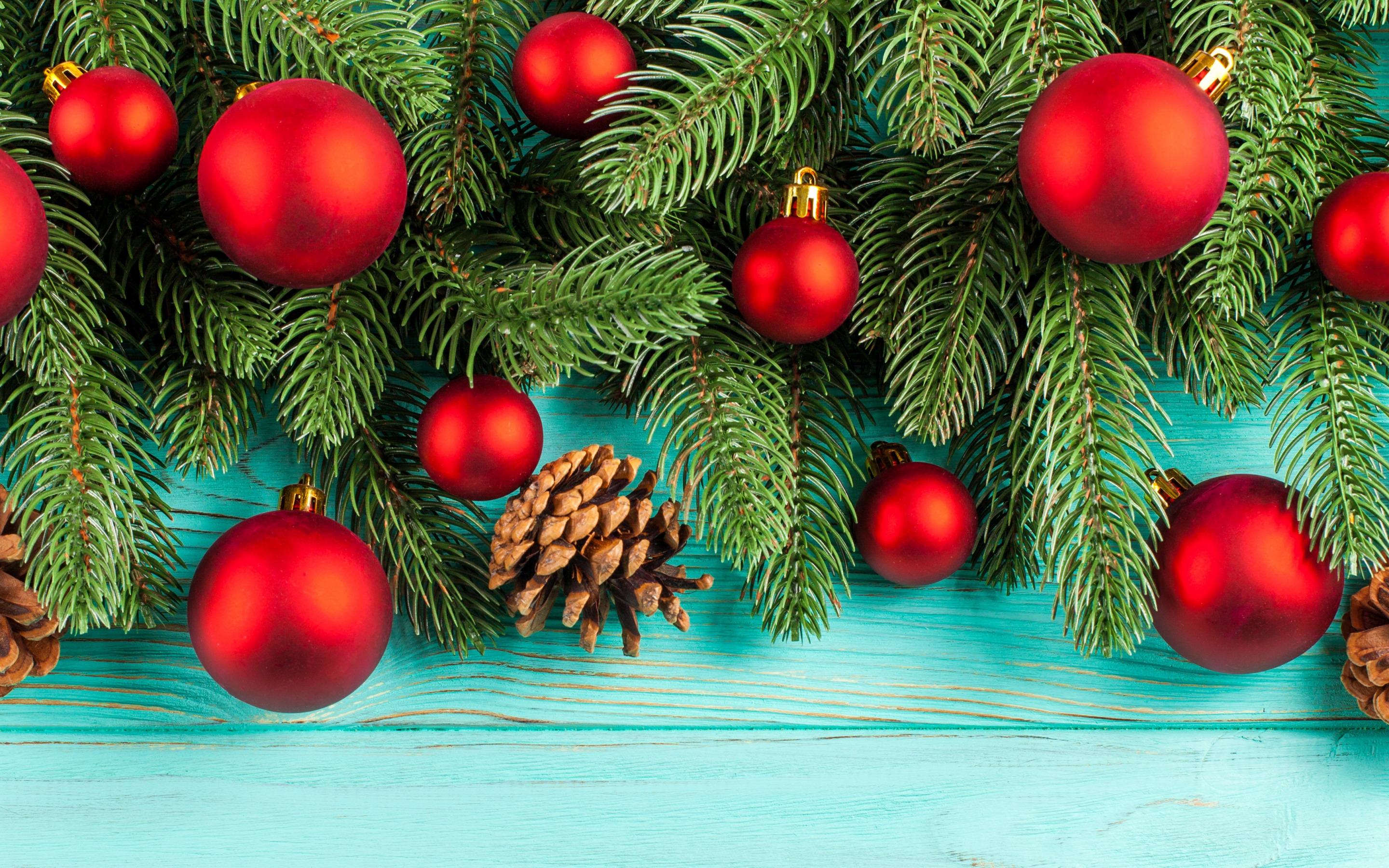2880x1800 Download wallpaper Christmas background with red balls, Christmas tree, New Year, Red Christmas balls, blue wood planks for desktop with resolution 2880x1800. High Quality HD picture wallpaper