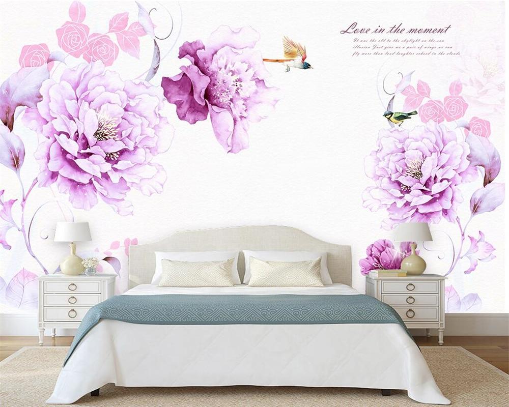 1000x800 Beibehang Custom wallpaper beautiful purple hand painted flowers bird American Japan and South Korea TV background 3D wallpaper. Wallpaper