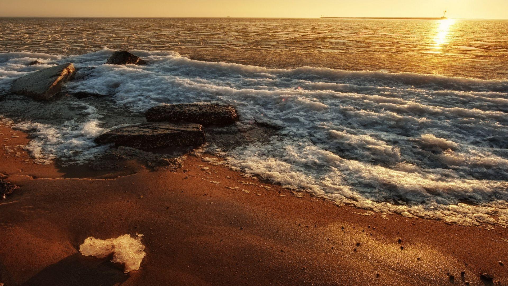 1920x1080 Full HD Wallpaper stone beach sunset foam Ireland, Desktop