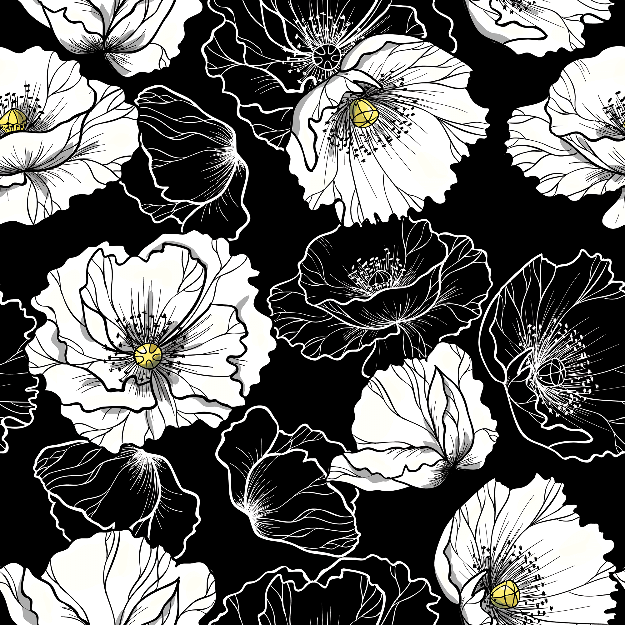 2000x2000 Black and White Peony Removable Wallpaper