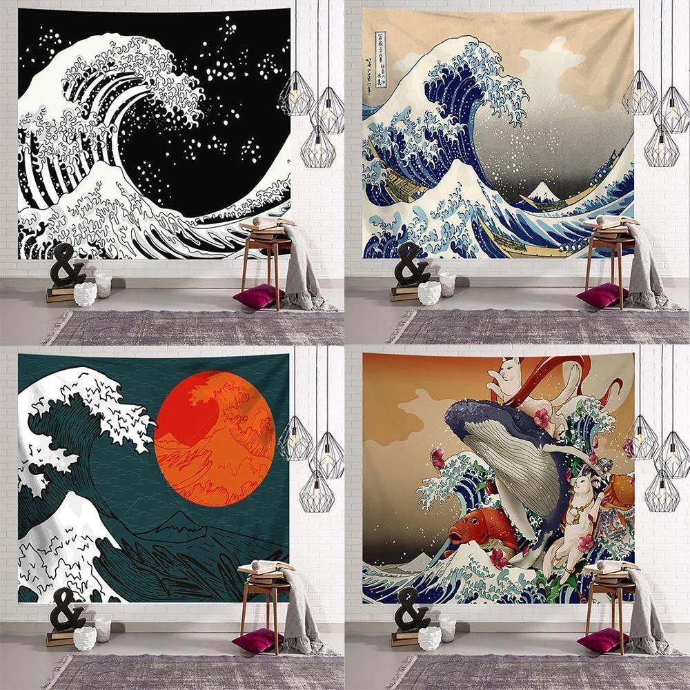 1000x1000 Japanese Wave Kanagawa Blanket Tapestry Wall Hanging Bohemian Bed Home Nature Trendy Room Decor Wallpaper Cartoon Myth Art. Tapestry