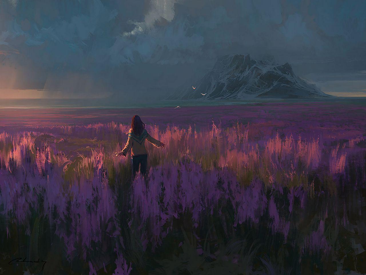 1280x960 Download wallpaper 1280x960 field, lavender, girl, art, freedom standard 4:3 HD background