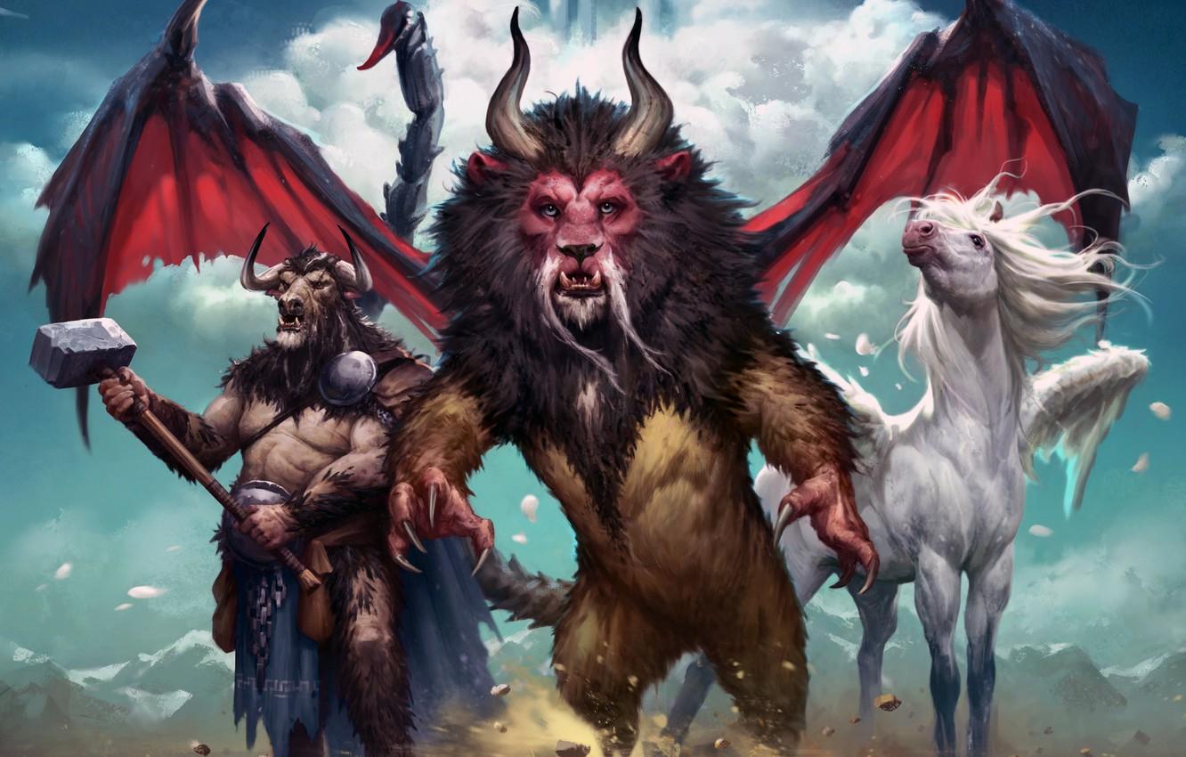 1332x850 Wallpaper fantasy, horns, wings, lion, horse, artist, bull, artwork, fantasy art, creature, mythology, hammer, Pegasus, Chimera, Minotaur, mantle image for desktop, section фантастика