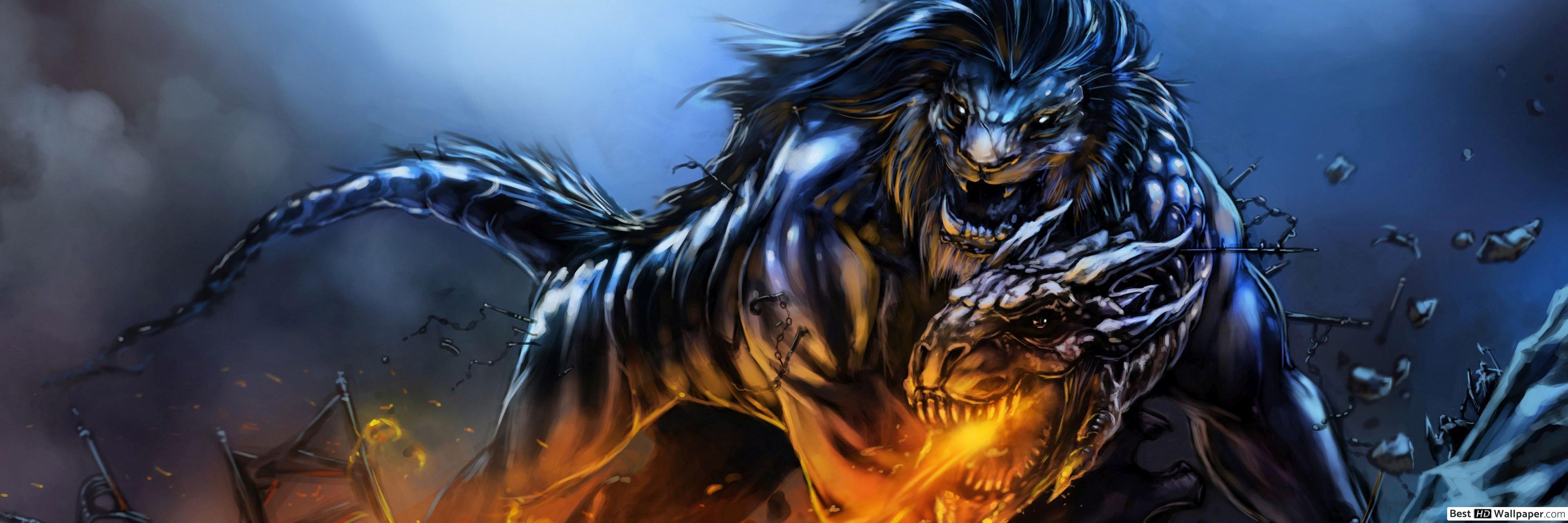 3840x1280 Fantasy Dragon and Lion HD wallpaper download