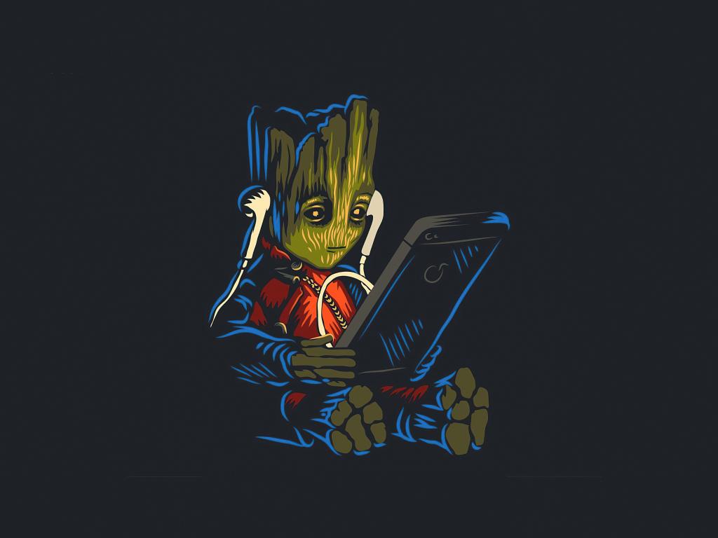 1024x768 Desktop wallpaper baby groot, listening music on phone, fan art, HD image, picture, background, e542ee