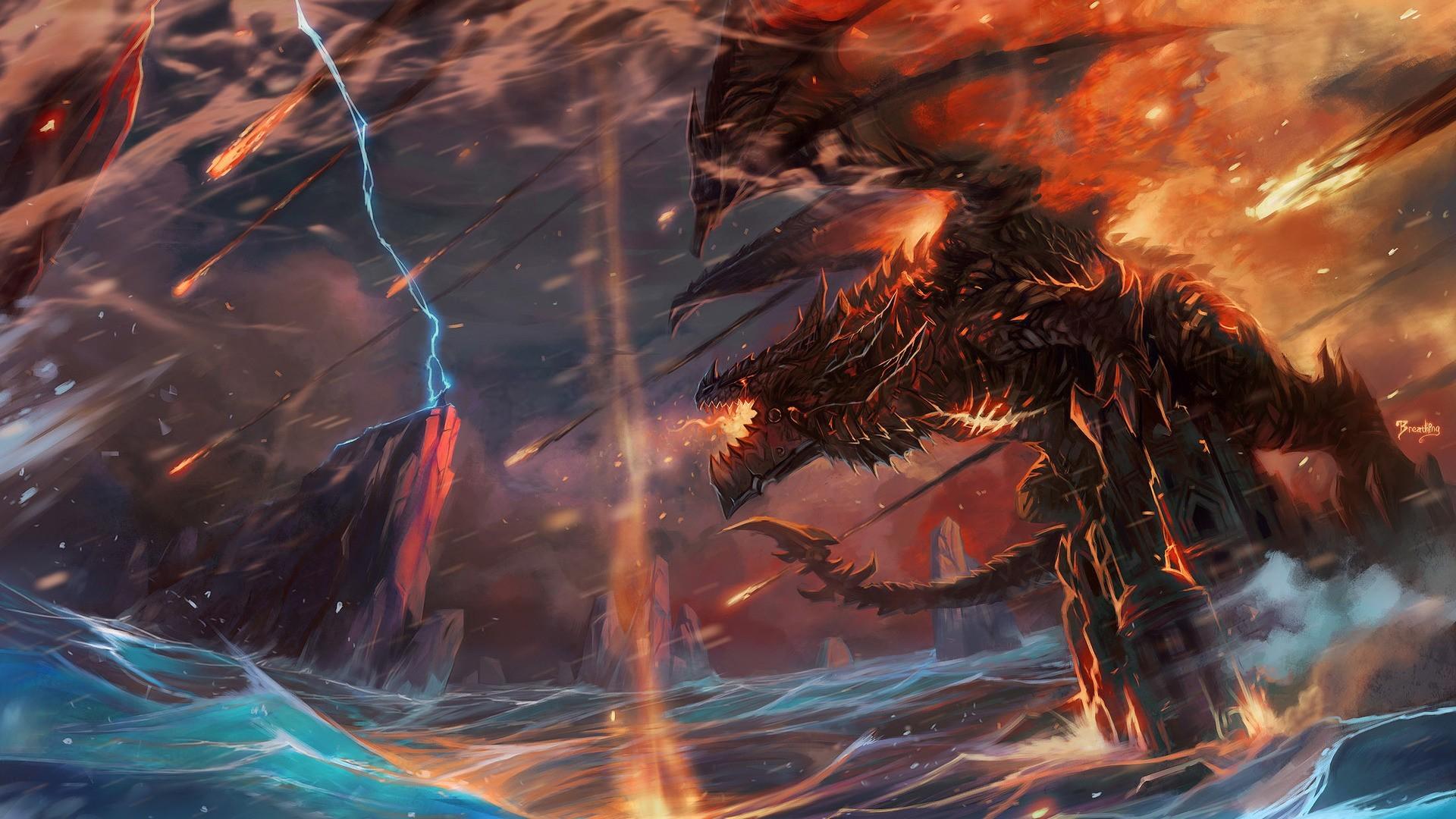 1920x1080 Dragon World Of Warcraft Cataclysm Deathwing Thrall Video Games Wallpaper:1920x1080