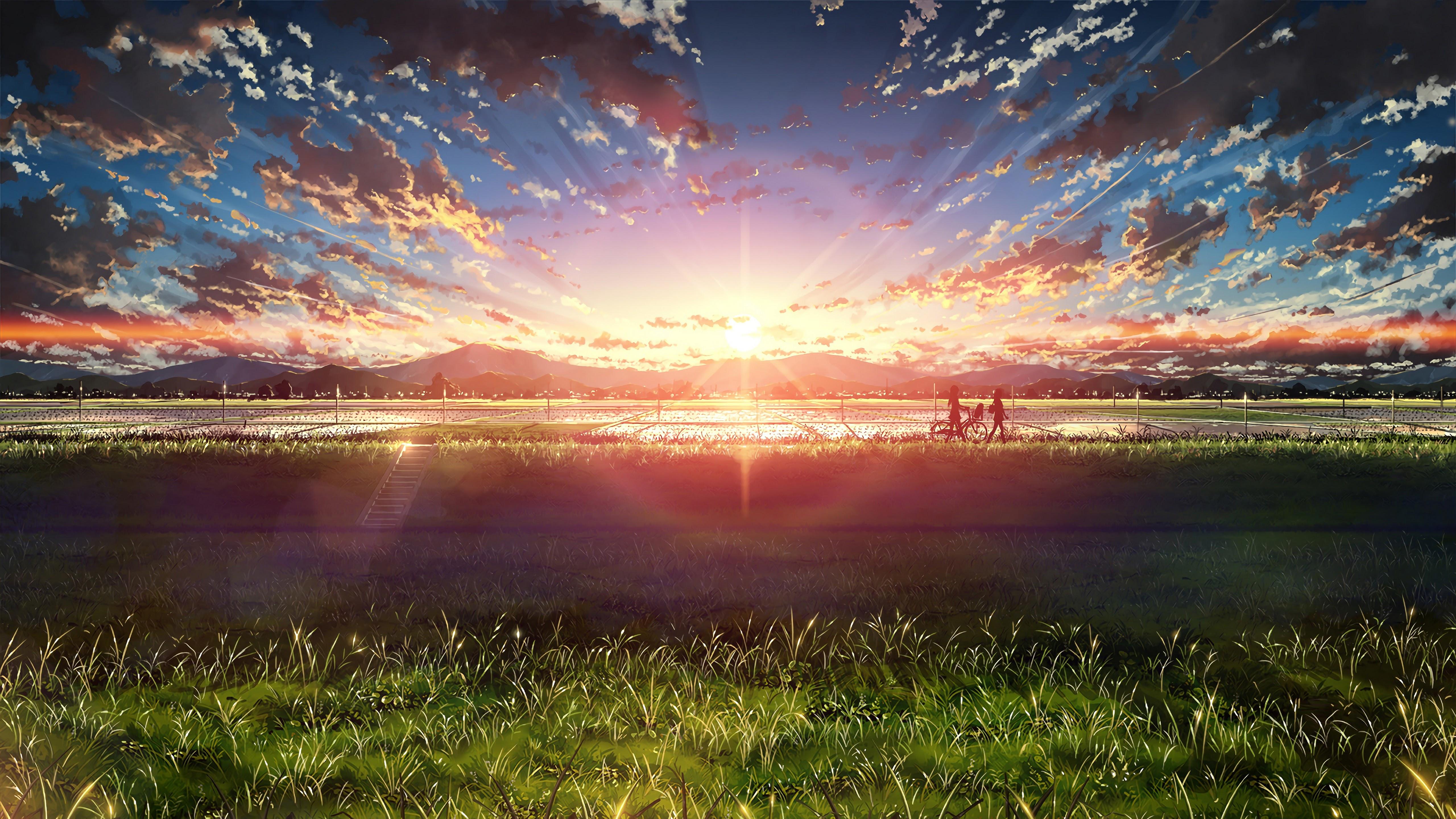 5120x2880 Anime Sunrise Landscape Sky Clouds Scenery 4K Wallpaper