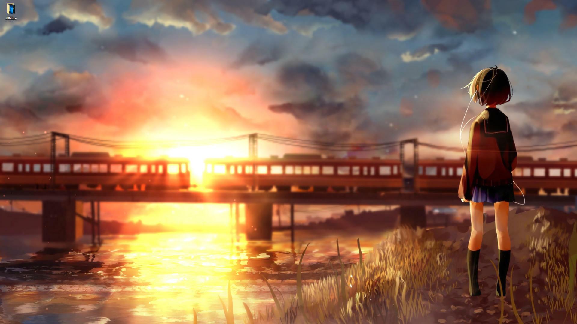 1920x1080 Anime girl and train at sunrise live wallpaper [DOWNLOAD FREE]