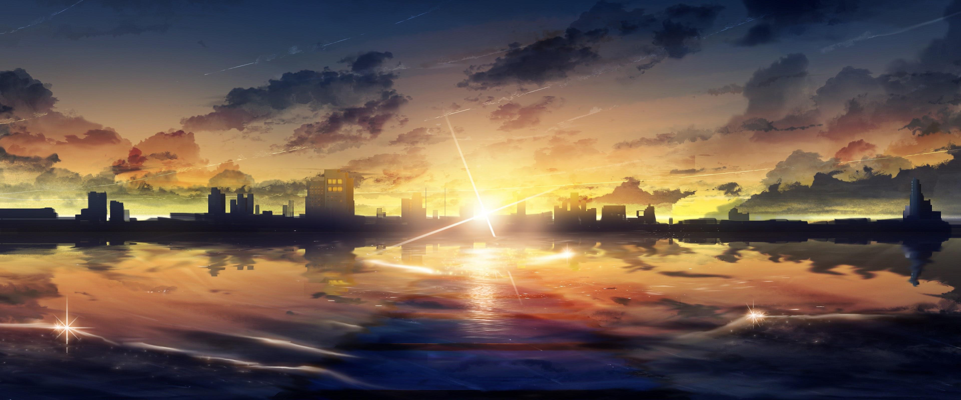 3840x1600 Sunrise Anime City Scenery Landscape 4K Wallpaper
