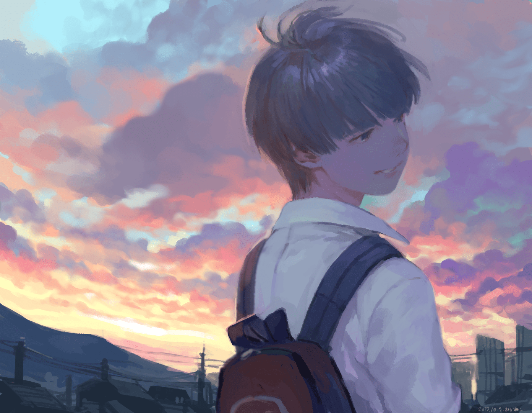 1800x1400 Anime Anime Boys Backpacks Smile Sunrise Sky Clouds Wallpaper:1800x1400