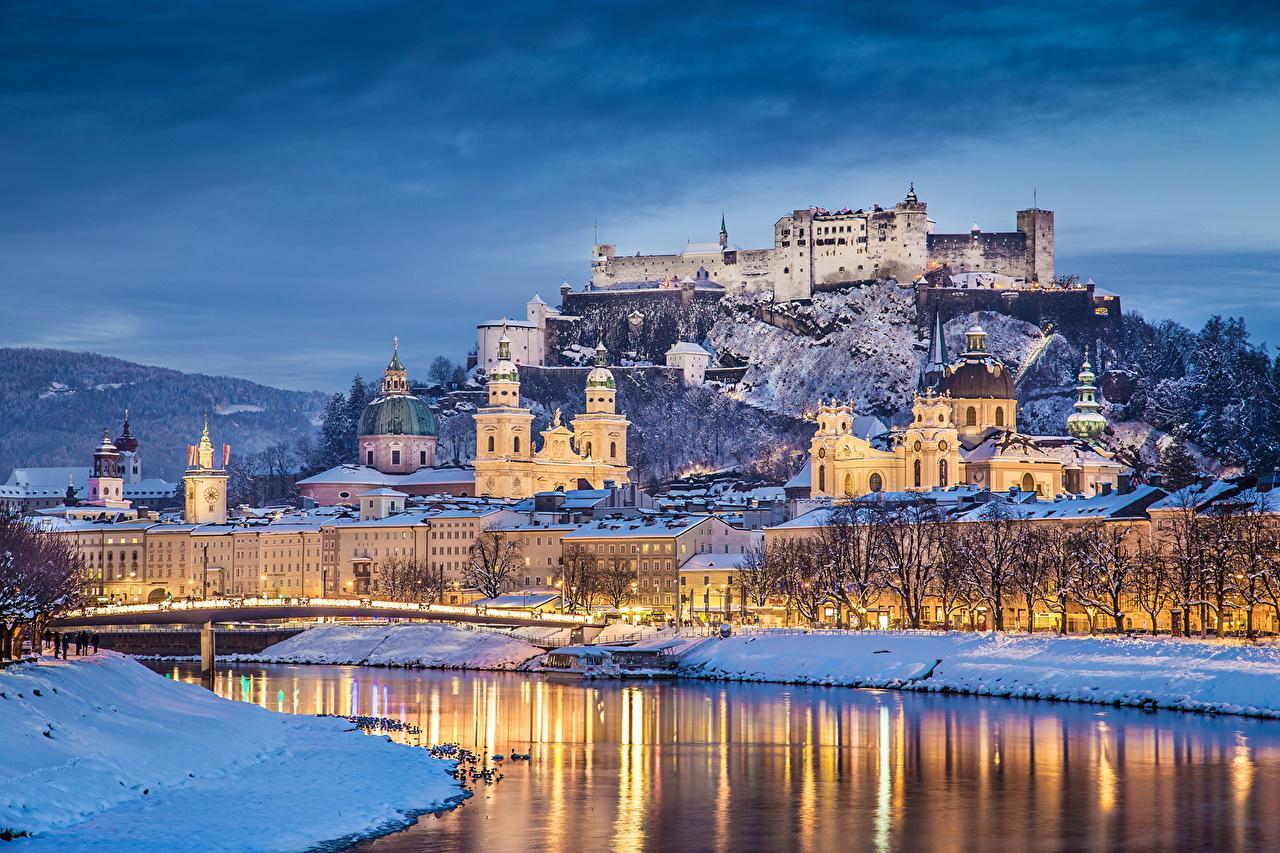 1280x853 Image Salzburg Austria castle Winter Sky Rivers night time Cities