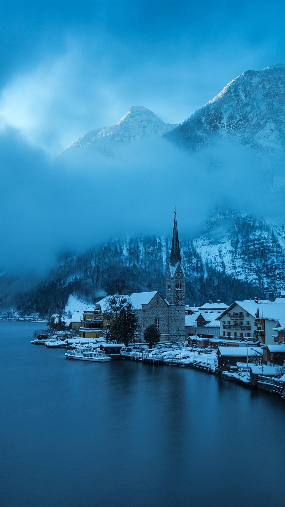 1080x1920 Wallpaper Hallstatt, Austria, winter, snow, lake, mountains, fog, beautiful village 3840x2160 UHD 4K Picture, Image