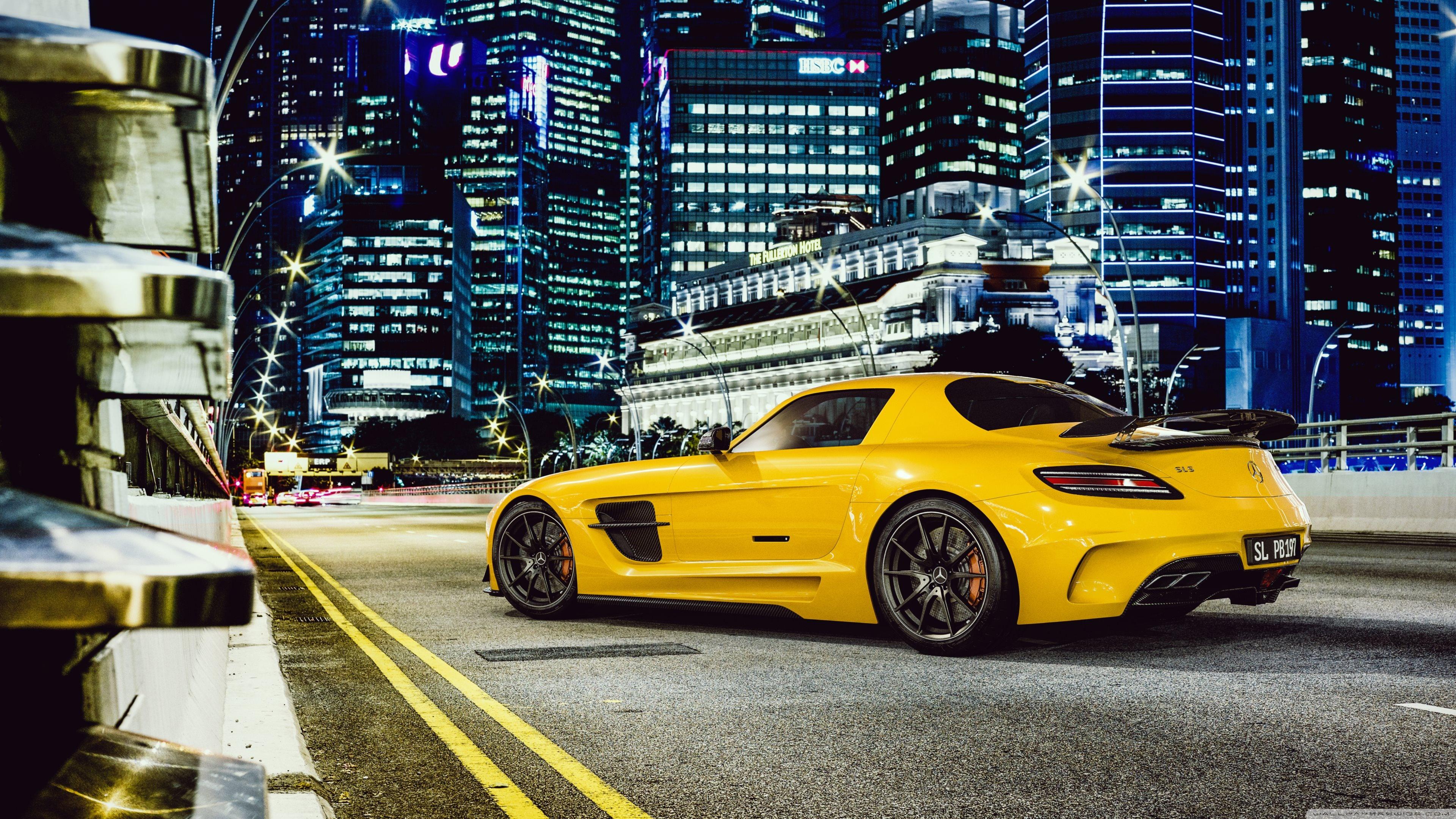 3840x2160 Mercedes Benz SLS AMG Yellow Car, City Night Ultra HD Desktop Background Wallpaper For : Widescreen & UltraWide Desktop & Laptop : Multi Display, Dual & Triple Monitor : Tablet