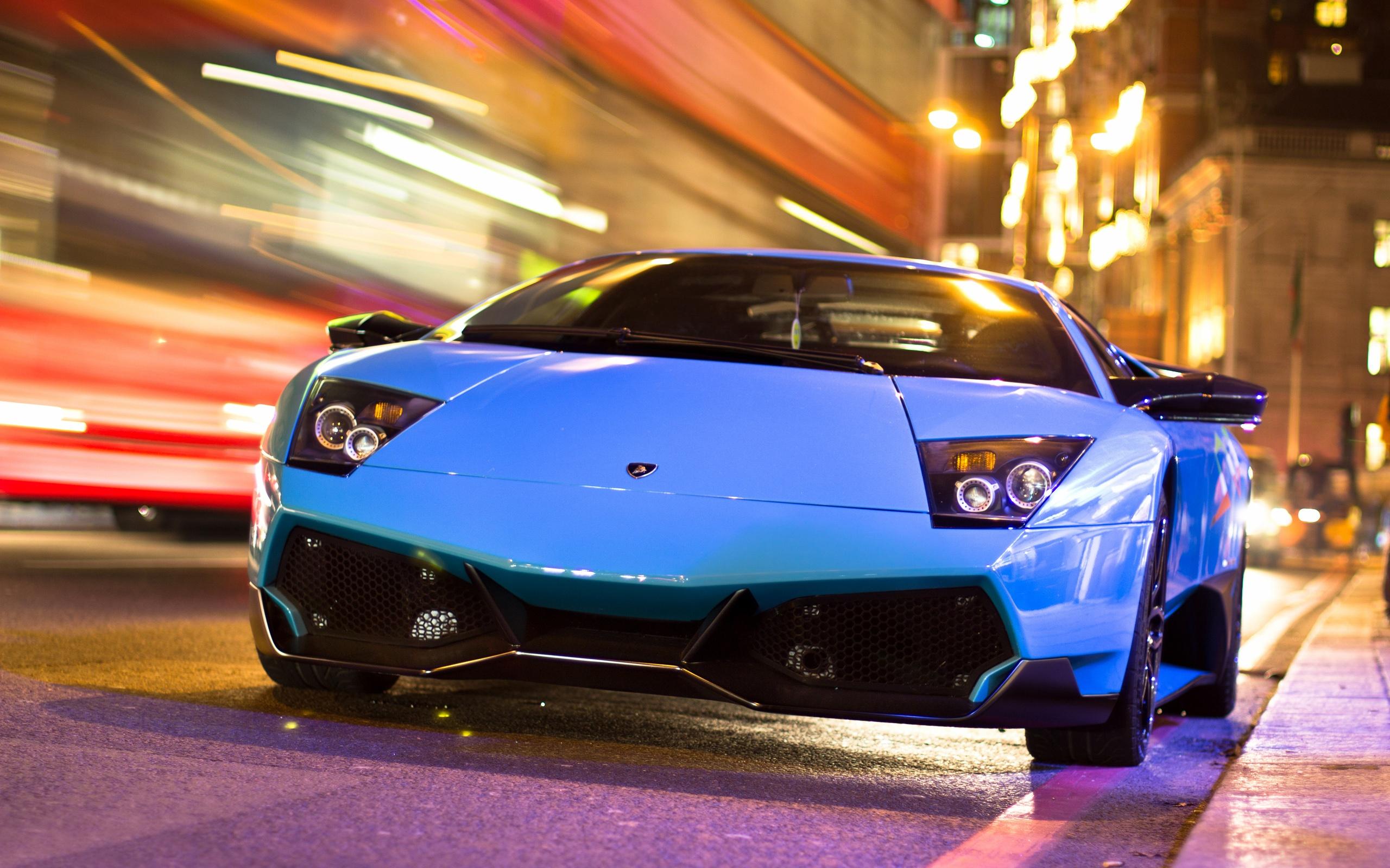 2560x1600 Wallpaper Lamborghini Blue Car In The City Night Road In Night City