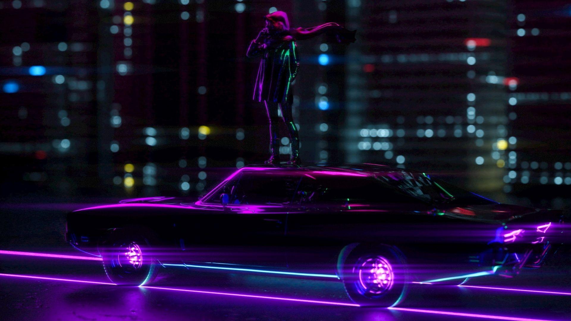 1920x1080 Desktop wallpaper girl standing on car, light trails, neon, city, HD image, picture, background, 0c30a6
