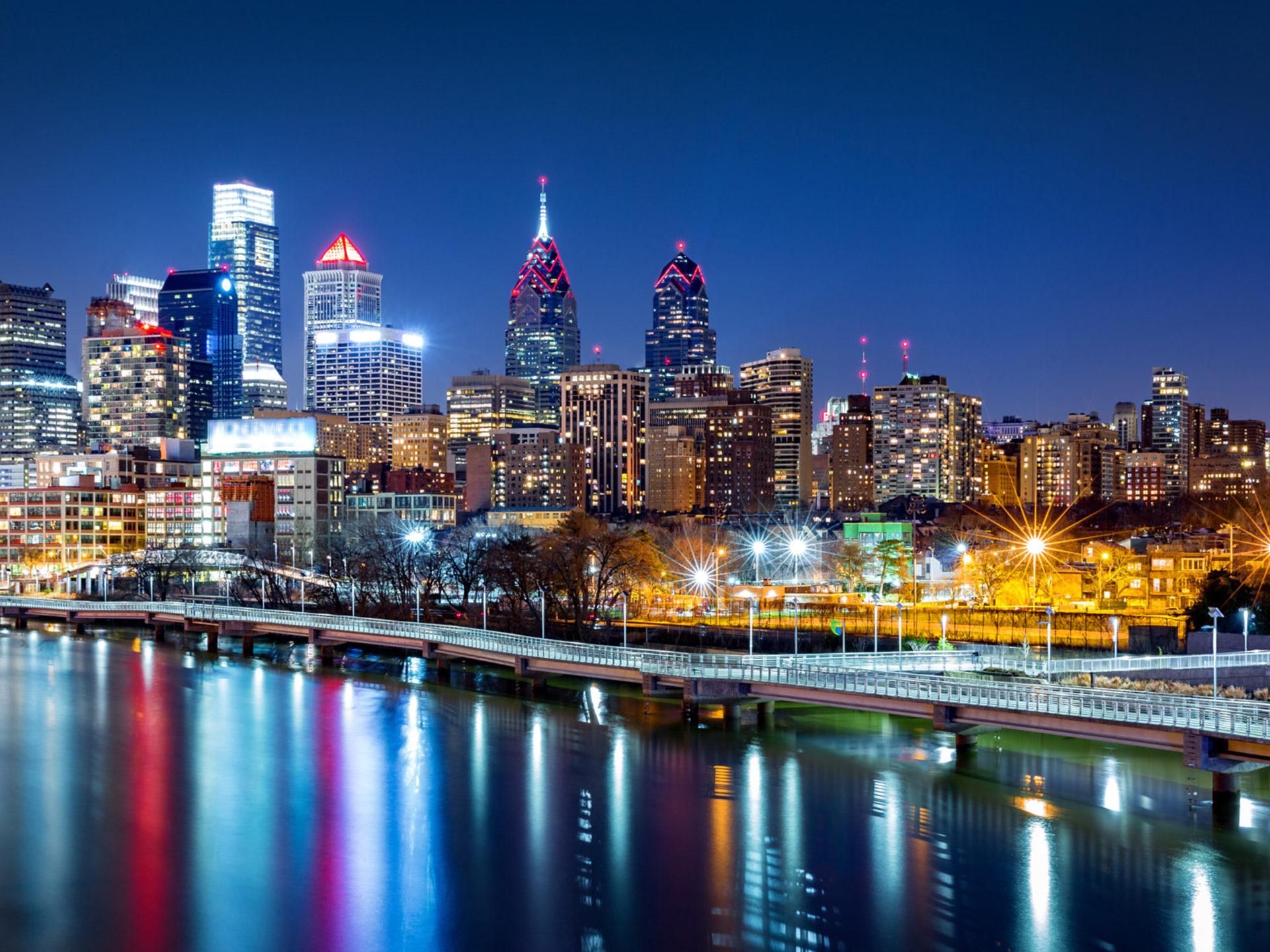1920x1440 Philadelphia Cityscape Night Reflected In Schuylkill River City In Pennsylvania United States Desktop HD Wallpaper For Pc Tablet And Mobile :
