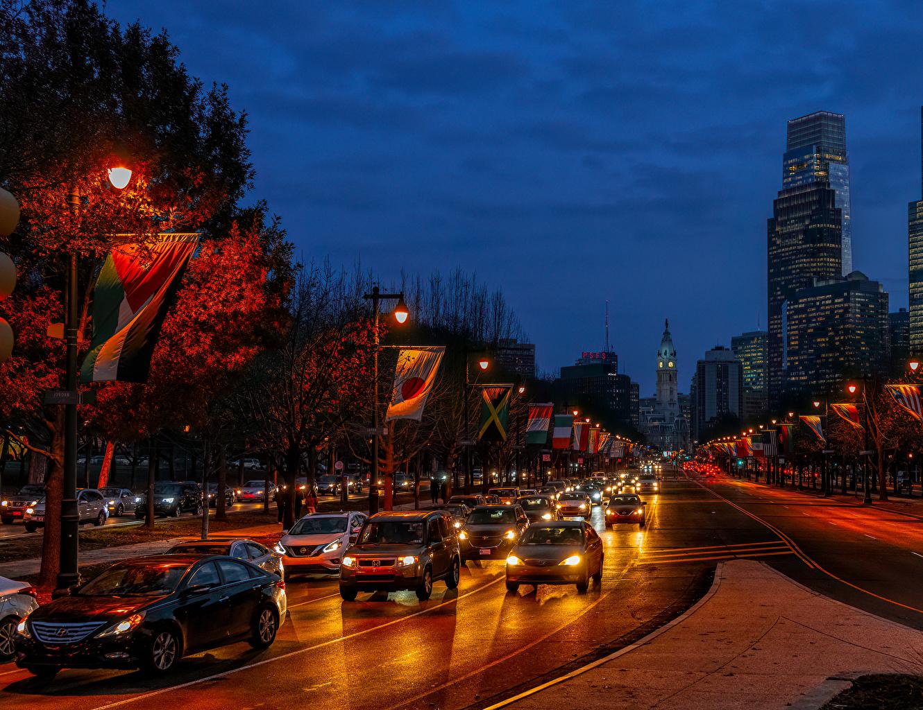 1330x1024 Desktop Wallpaper USA Philadelphia Autumn Flag Roads Evening Street
