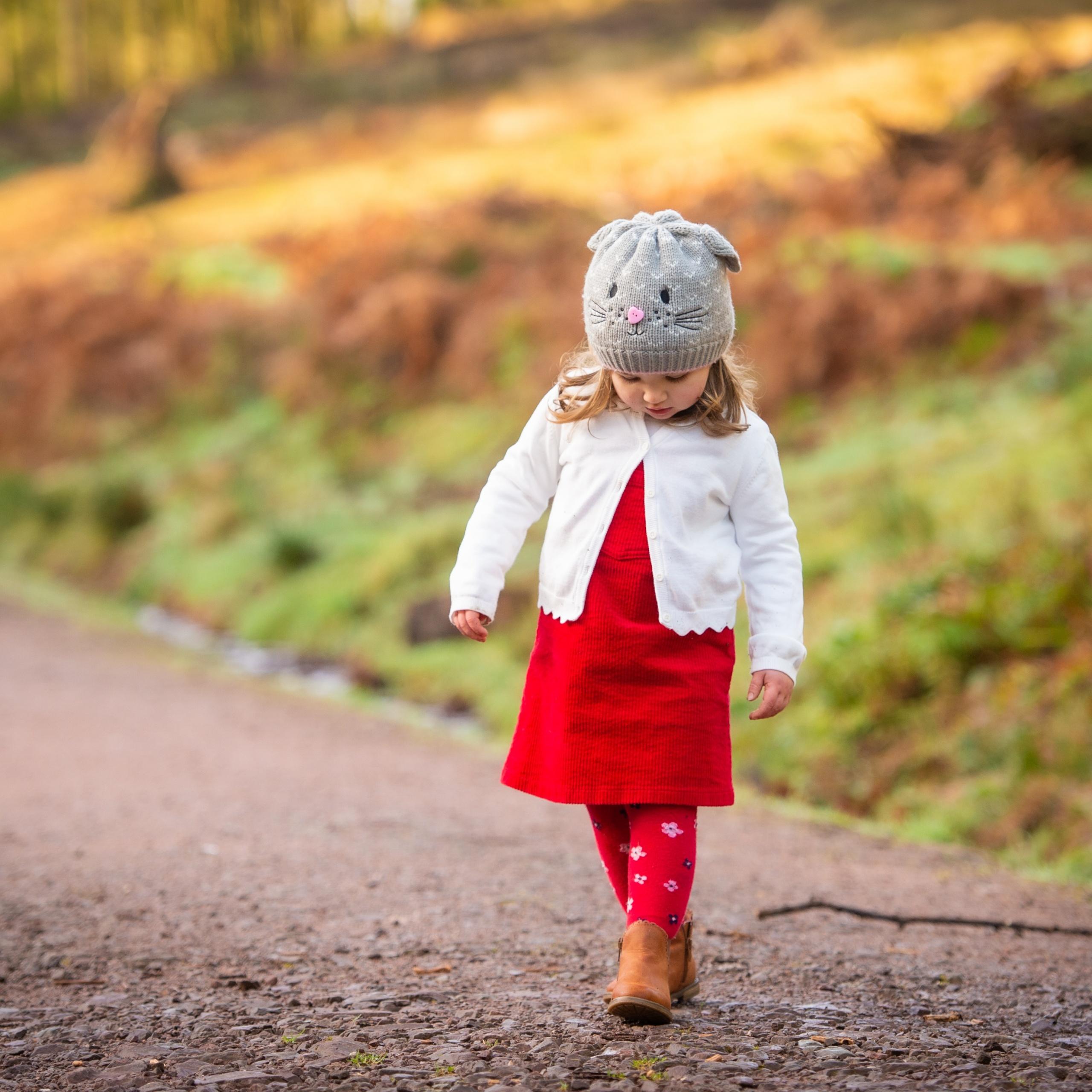 2560x2560 Cute girl Wallpaper 4K, Child, Adorable, Road, Red dress, Winter, Cold, Cute