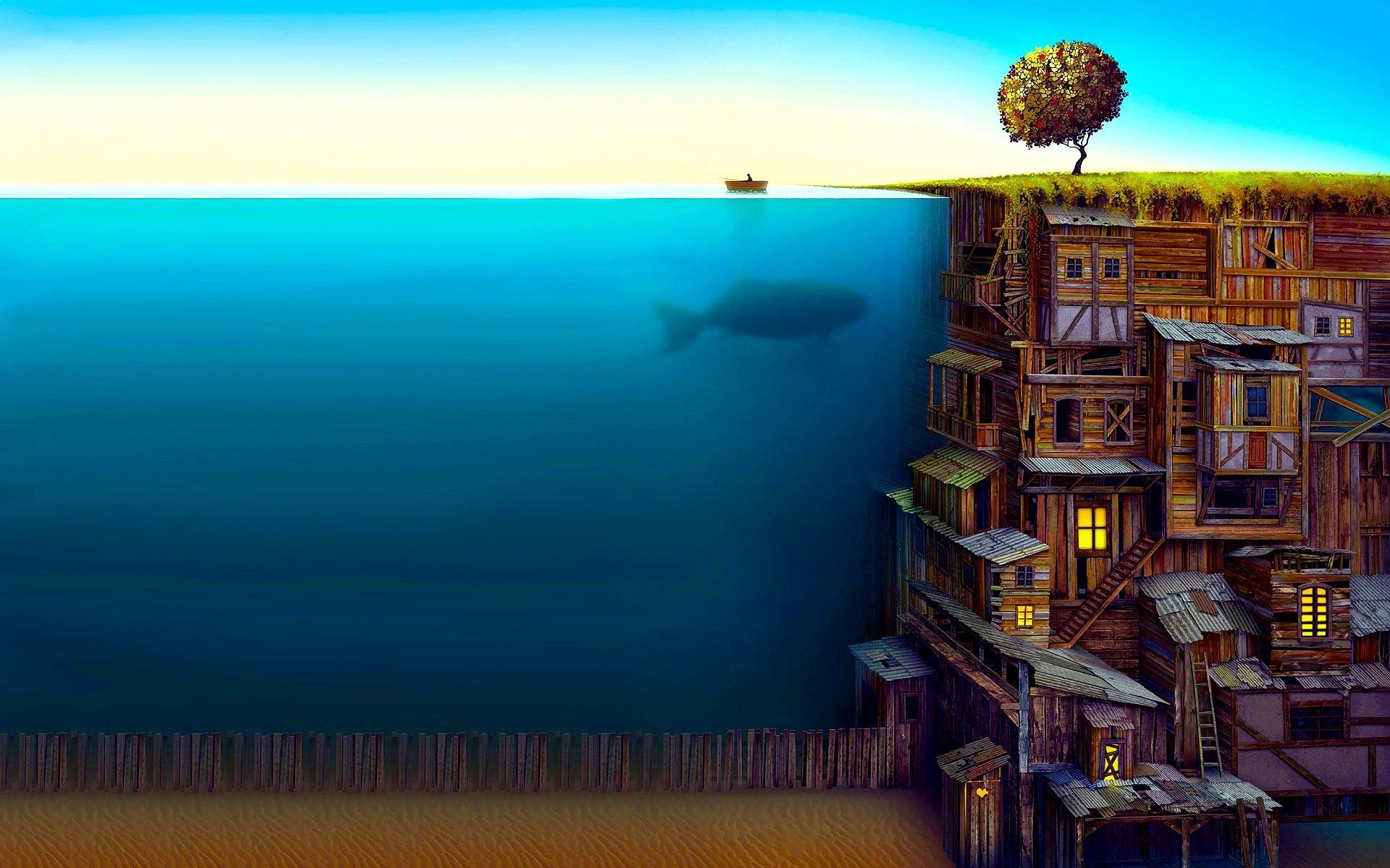 1920x1200 trees, Water, Abstract, Fish, Fantasy Art, Ladders, Split View, Filter, Jacek Yerka, Owl City, Whale Wallpaper HD / Desktop and Mobile Background