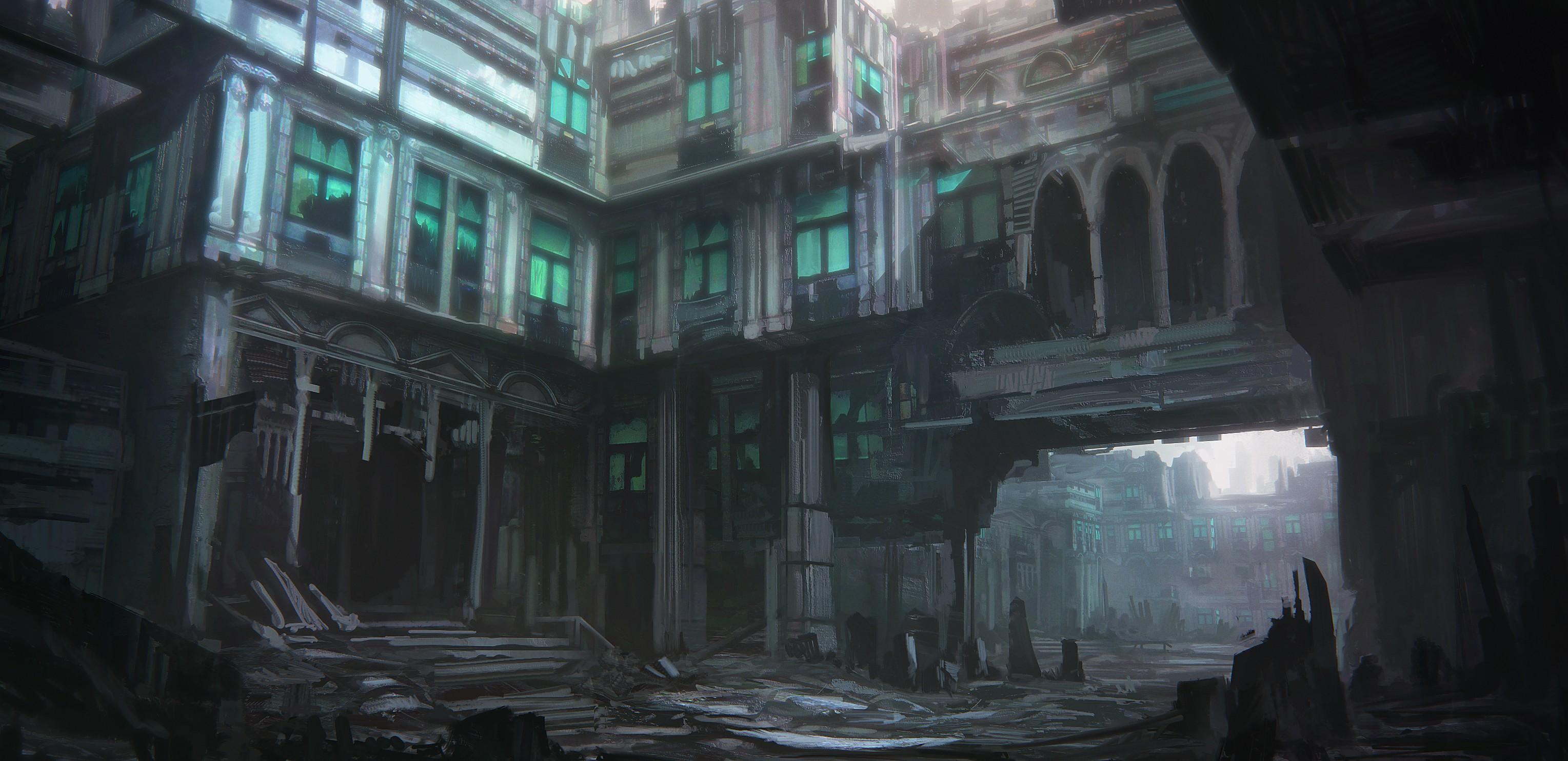 3057x1484 science fiction pixelated fantasy art artwork digital art abstract dark abandoned city window stairs wallpaper. Mocah HD Wallpaper