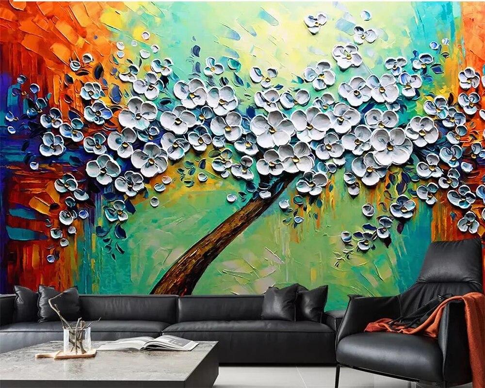 1000x800 Beibehang wallpaper white flowers Fortune tree oil painting knife strokes TV mural background wall home decoration 3D wallpaper. Wallpaper