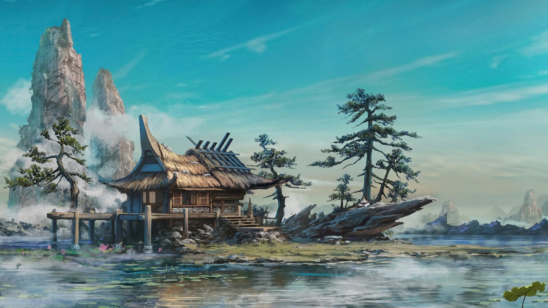 1920x1080 1920x1080 digital art nature landscape mountains trees house lake rock clouds mist painting wallpaper JPG 363 kB. Mocah HD Wallpaper