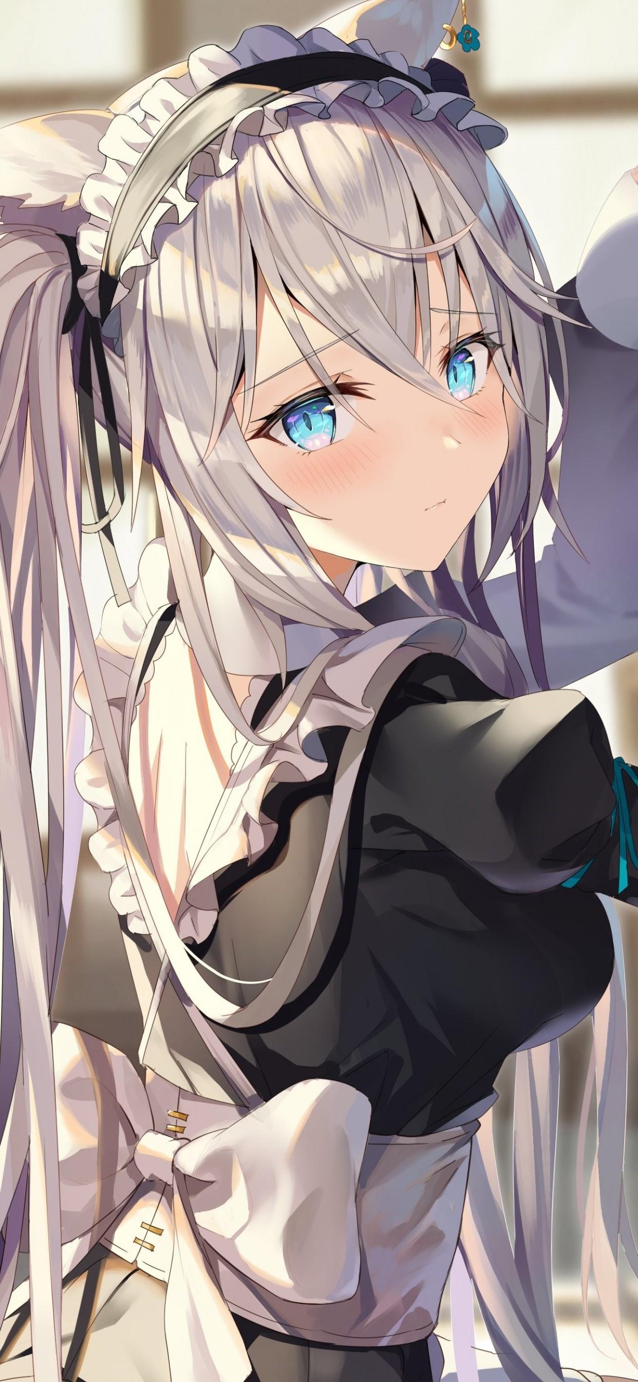 1242x2688 Download 1242x2688 Anime Maid Girl, Silver Hair, Twintails, Animal Ears, Neko Wallpaper for iPhone 11 Pro Max & XS Max