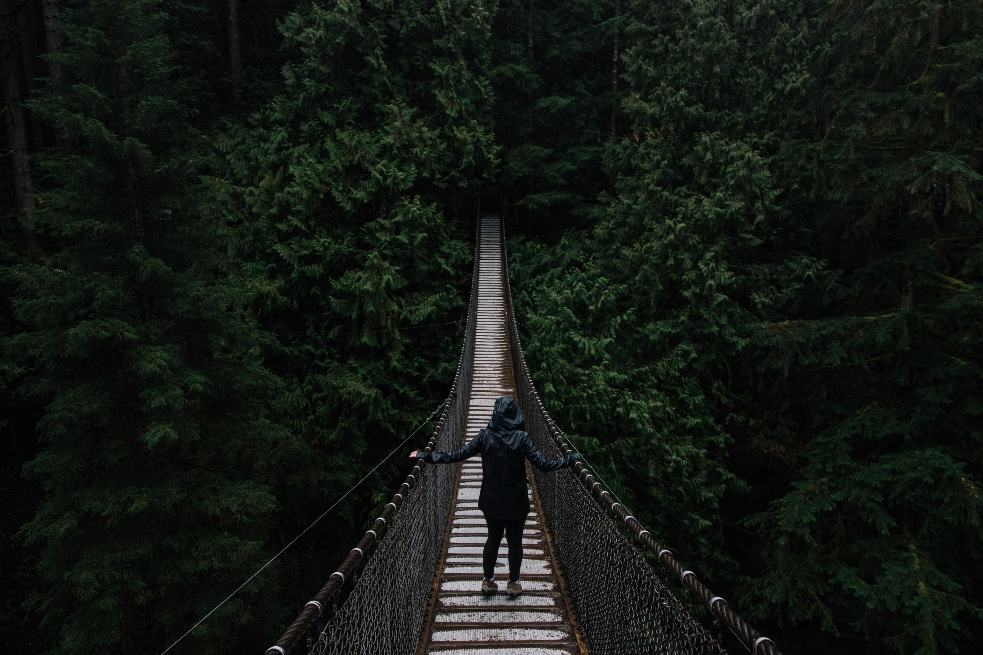 3840x2560 Wallpaper / a female walks across the bridge at lynn canyon park in north vancouver british columbia, a girl walking across a bridge 4k wallpaper