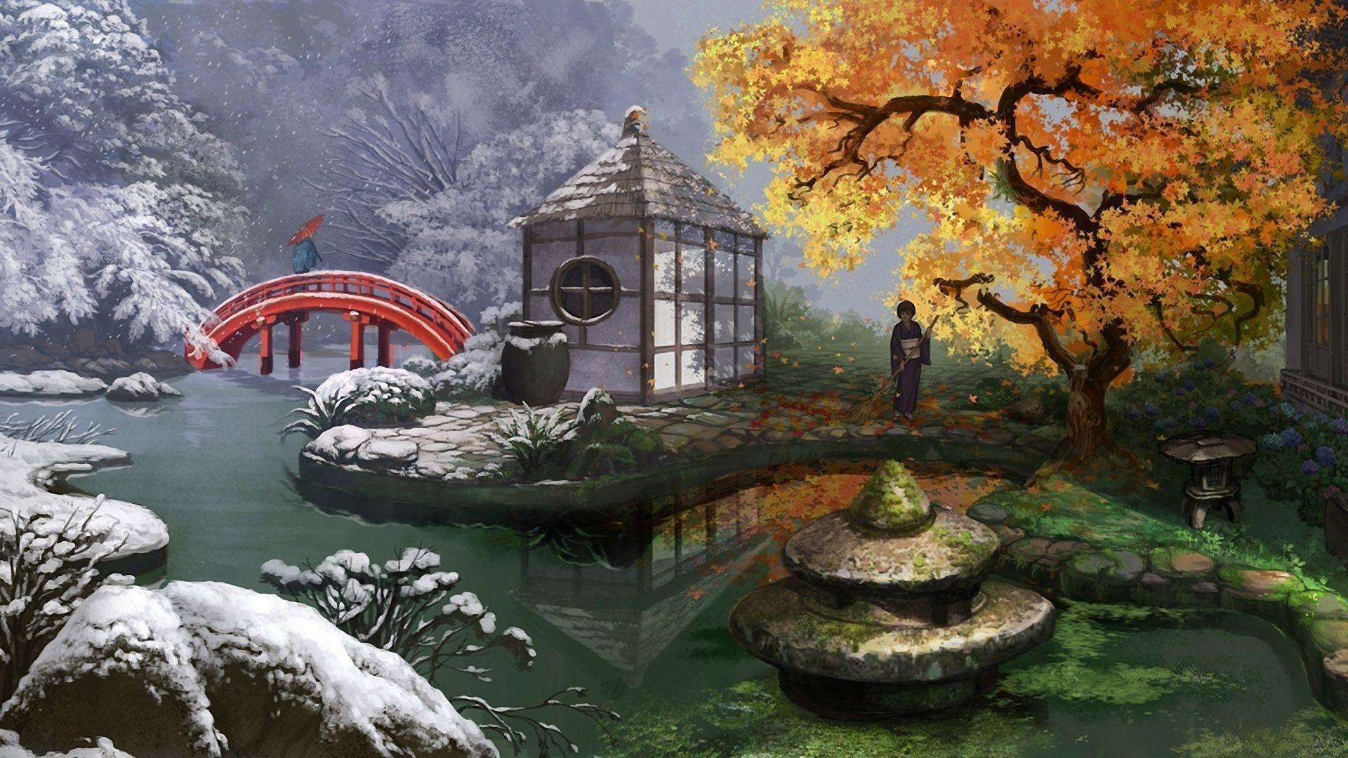 1920x1080 Japanese Water Garden Wallpaper