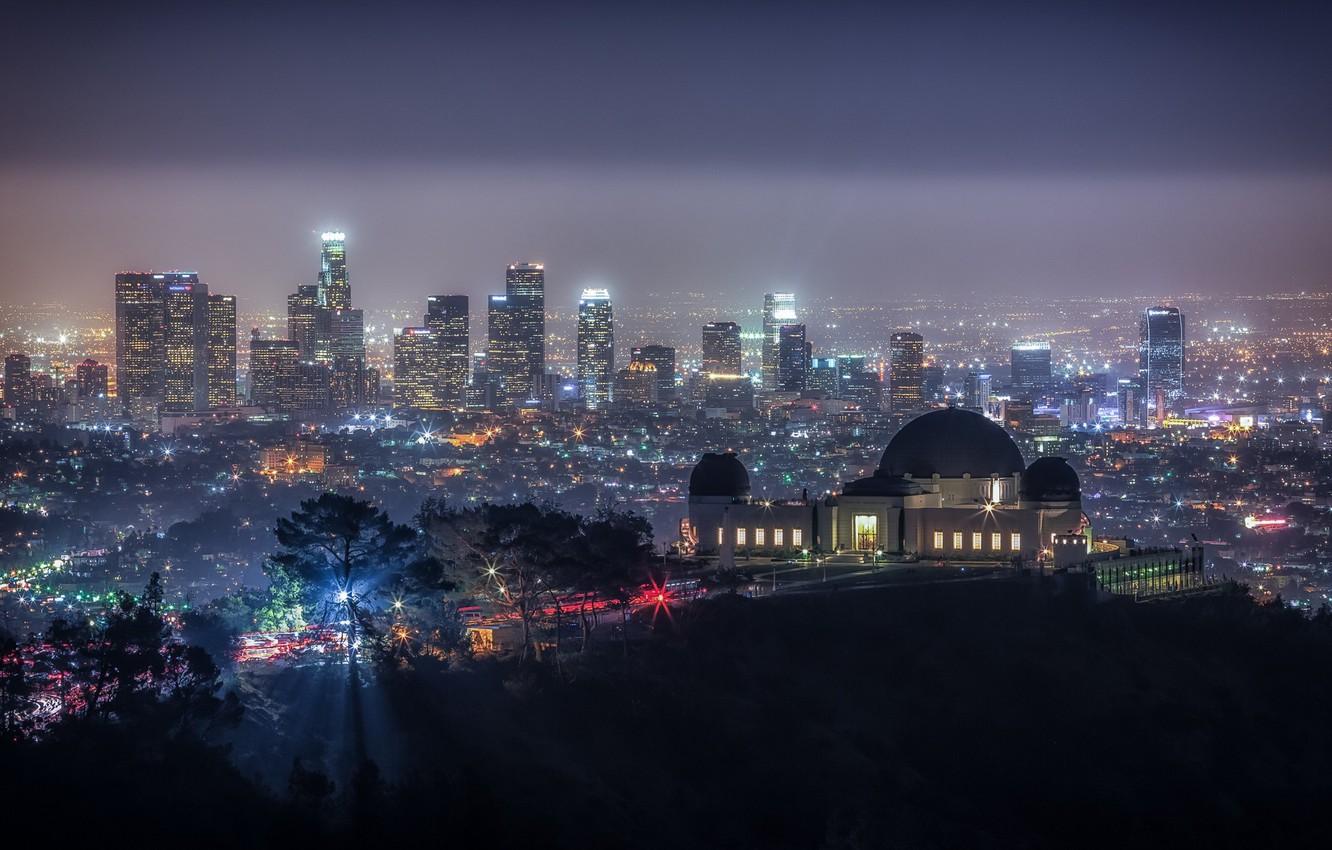1332x850 Wallpaper the sky, trees, night, lights, home, california, the dome, USA, Griffith Park, Observatory image for desktop, section пейзажи