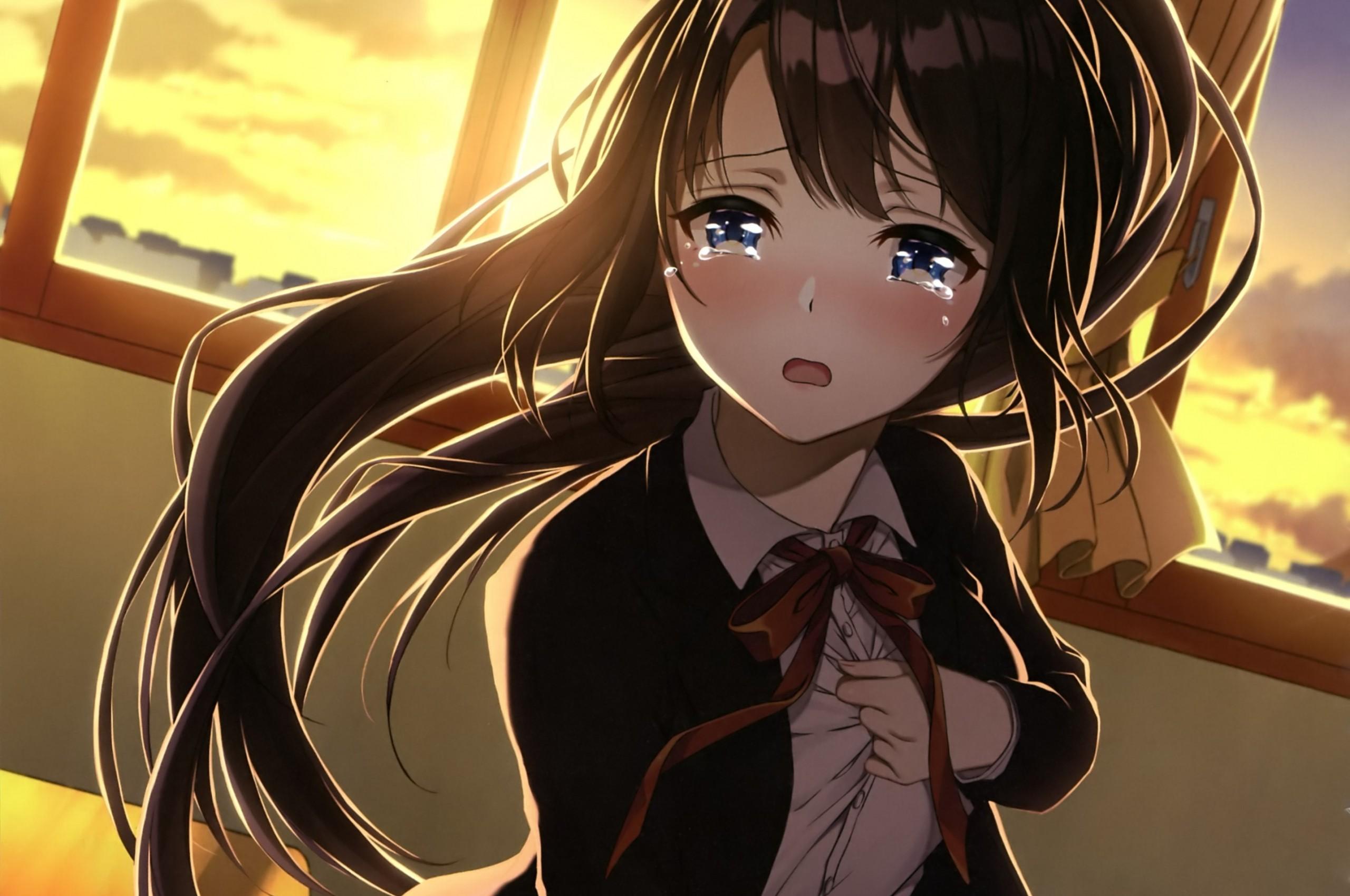 2560x1700 Anime Girl, Crying, Classroom, Sad Face, Brown Hair, Anime Girl Crying