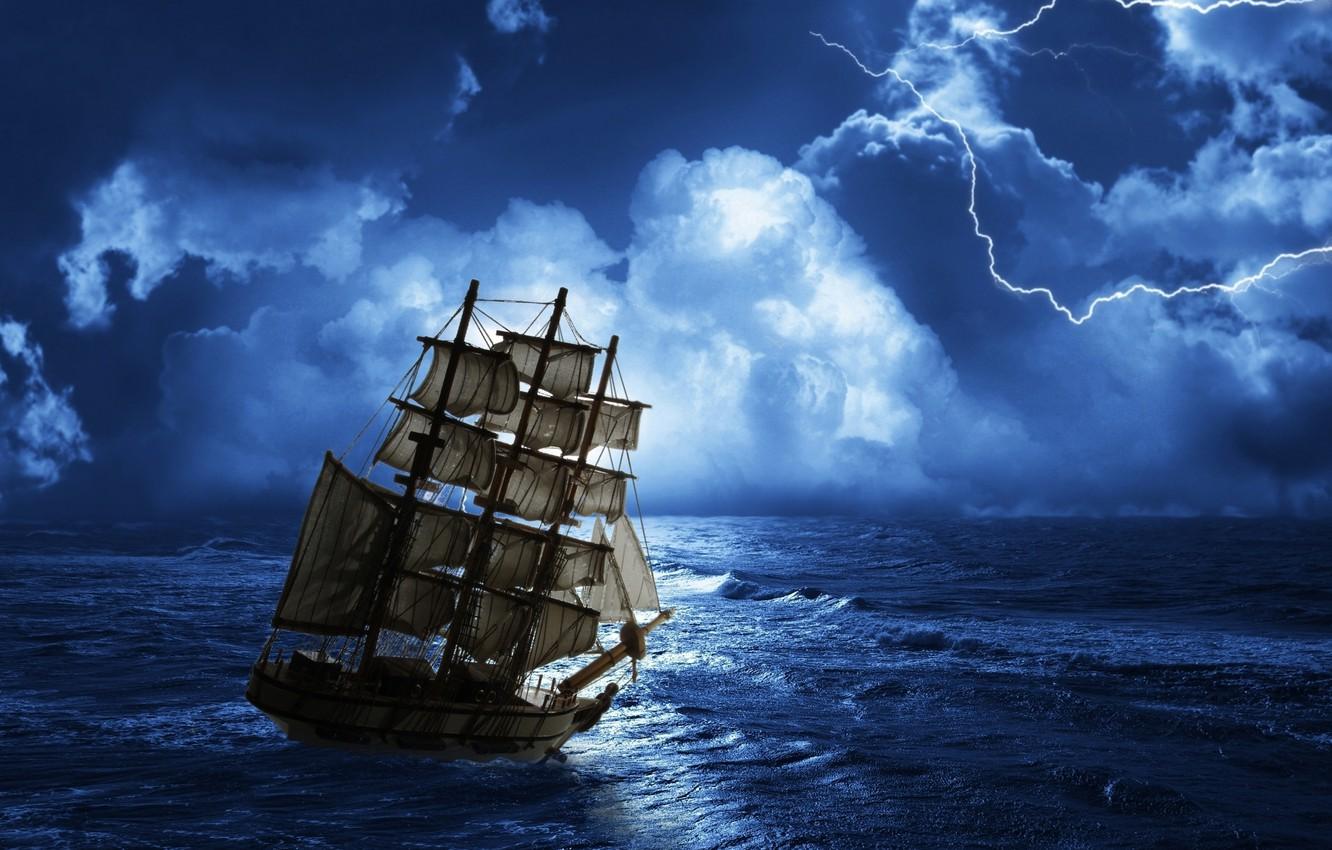 1332x850 Wallpaper sea, clouds, landscape, nature, sea, landscape, nature, night, clouds, night, thunder, creepy, creepy, ghost ship, thunder, Ghost ship image for desktop, section пейзажи