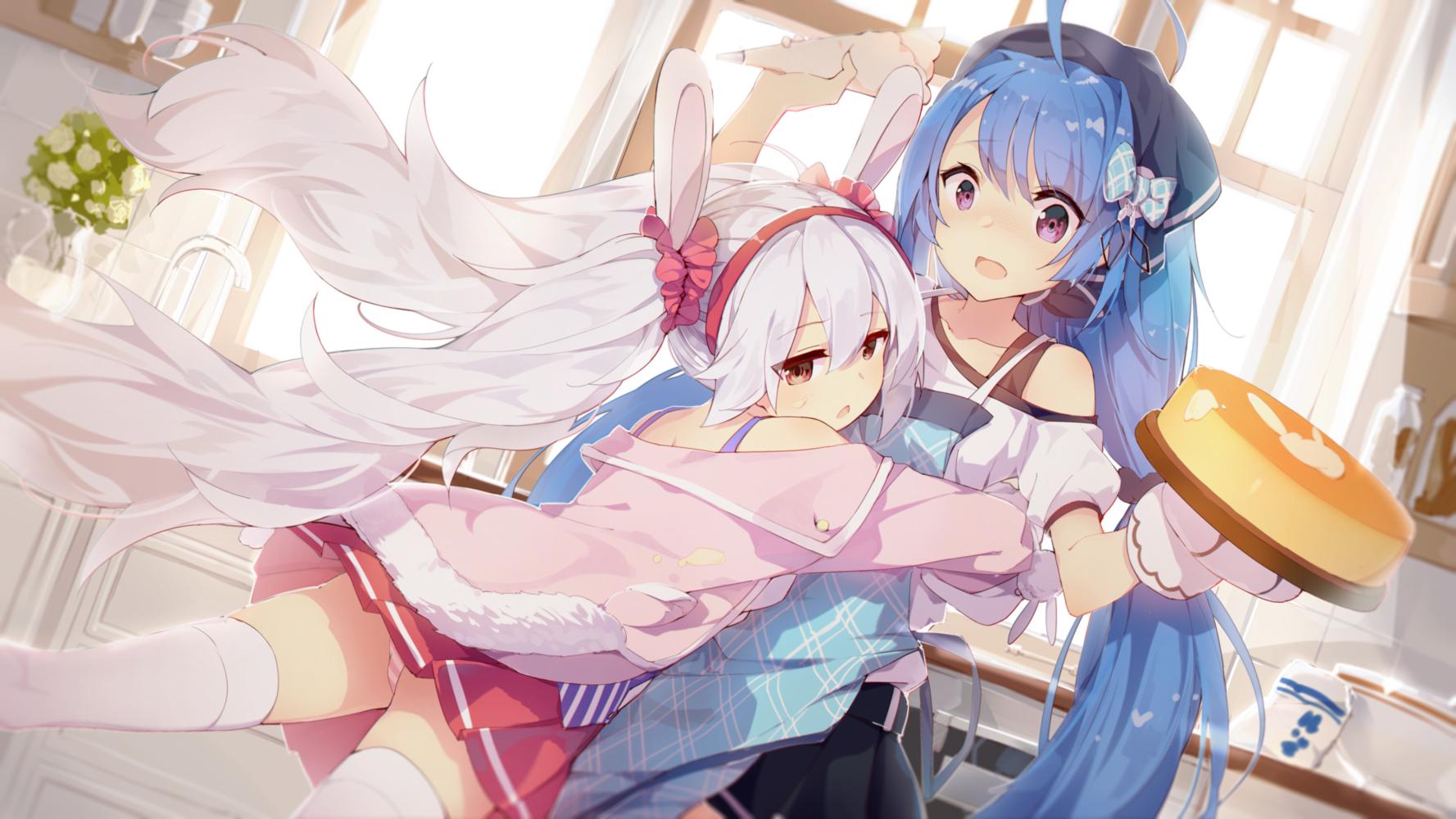 1777x1000 #pink Hair, #loli, #underwear, #bunny Ears, #food, #hugging, #long Hair, #red Eyes, #hair Bows, #apron, #cake, #bunny Girl, #panties, #thigh Highs, #anime Girls, #flowers, #blue Hair, #blushing, Wallpaper. Mocah HD Wallpaper