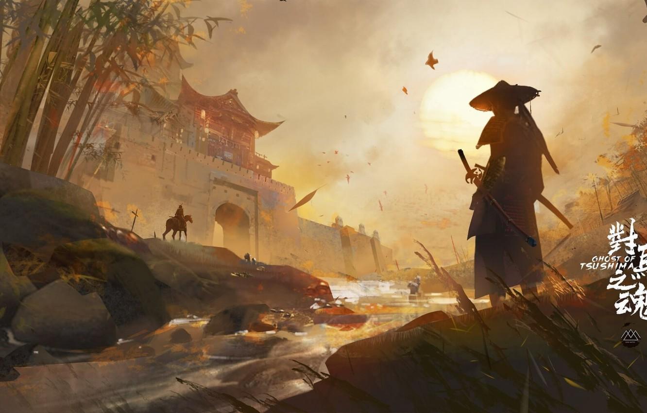 1332x850 Wallpaper stream, Japan, samurai, temple, the bamboo trees, walls, Ghost of Tsushima, birds in the sky, The Ghost Of Tsushima, всадник на лошади, Jin Sakai image for desktop, section игры