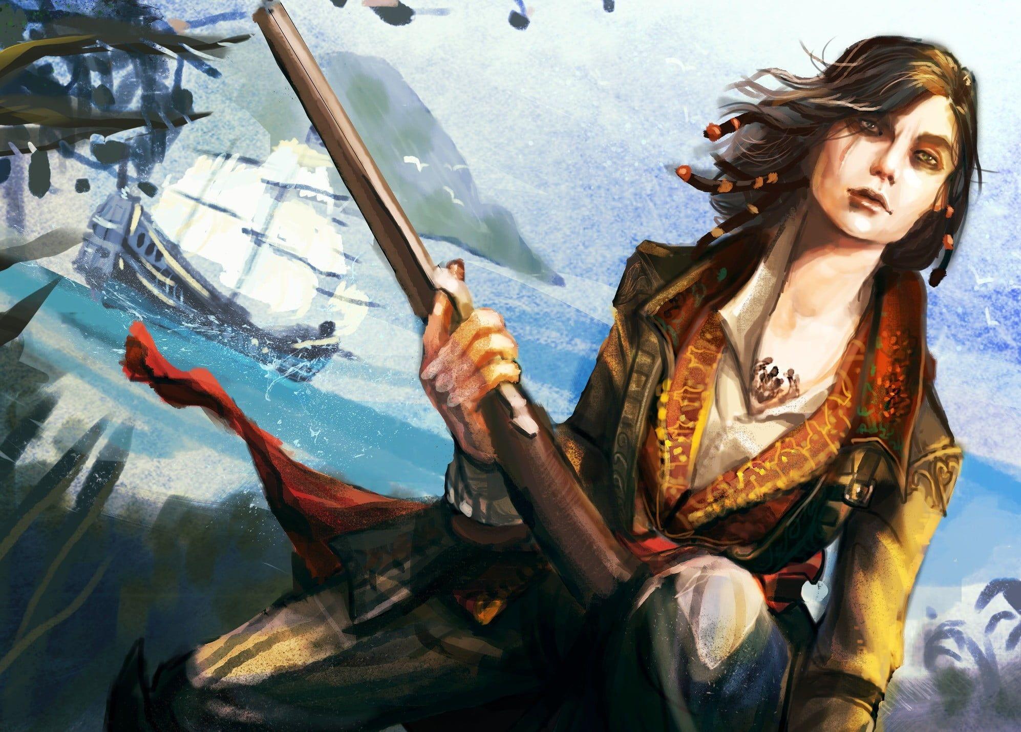1994x1429 Woman wearing gray coat holding rifle illustration, Assassin's Creed