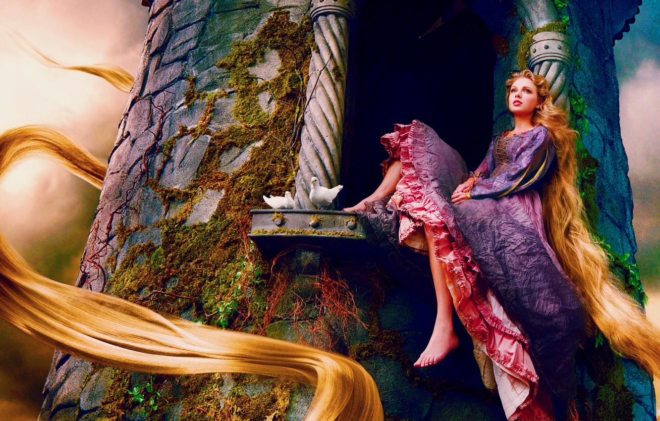 1332x850 Wallpaper tower, moss, window, pigeons, singer, Rapunzel, Taylor Swift, sitting, long hair image for desktop, section стиль