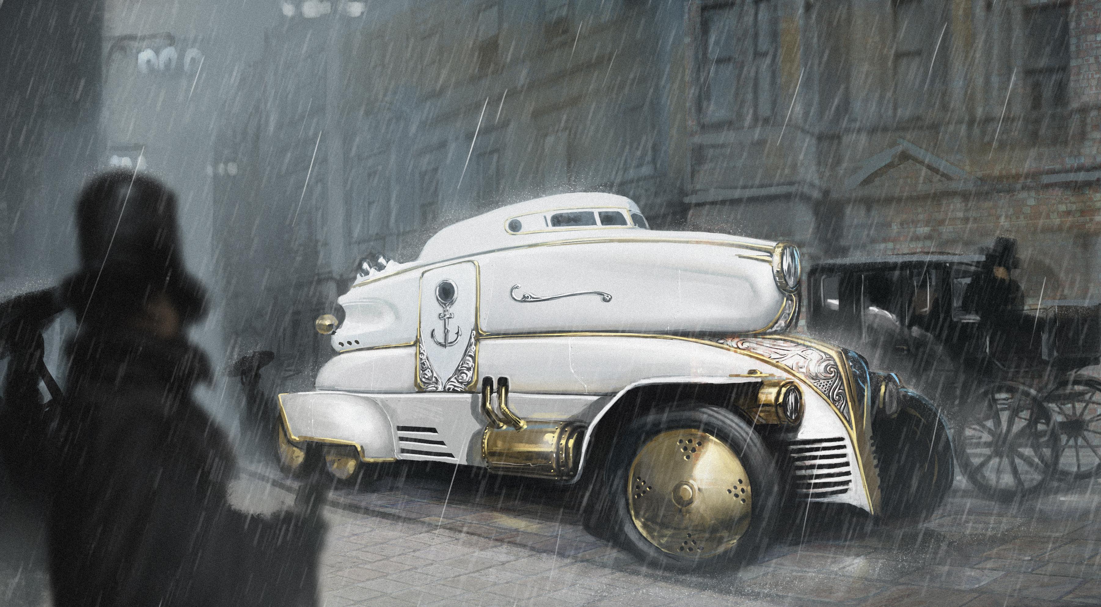 3604x1988 art, Steampunk, Car, City, White, Rain, Storm, Custom, Retro Wallpaper HD / Desktop and Mobile Background