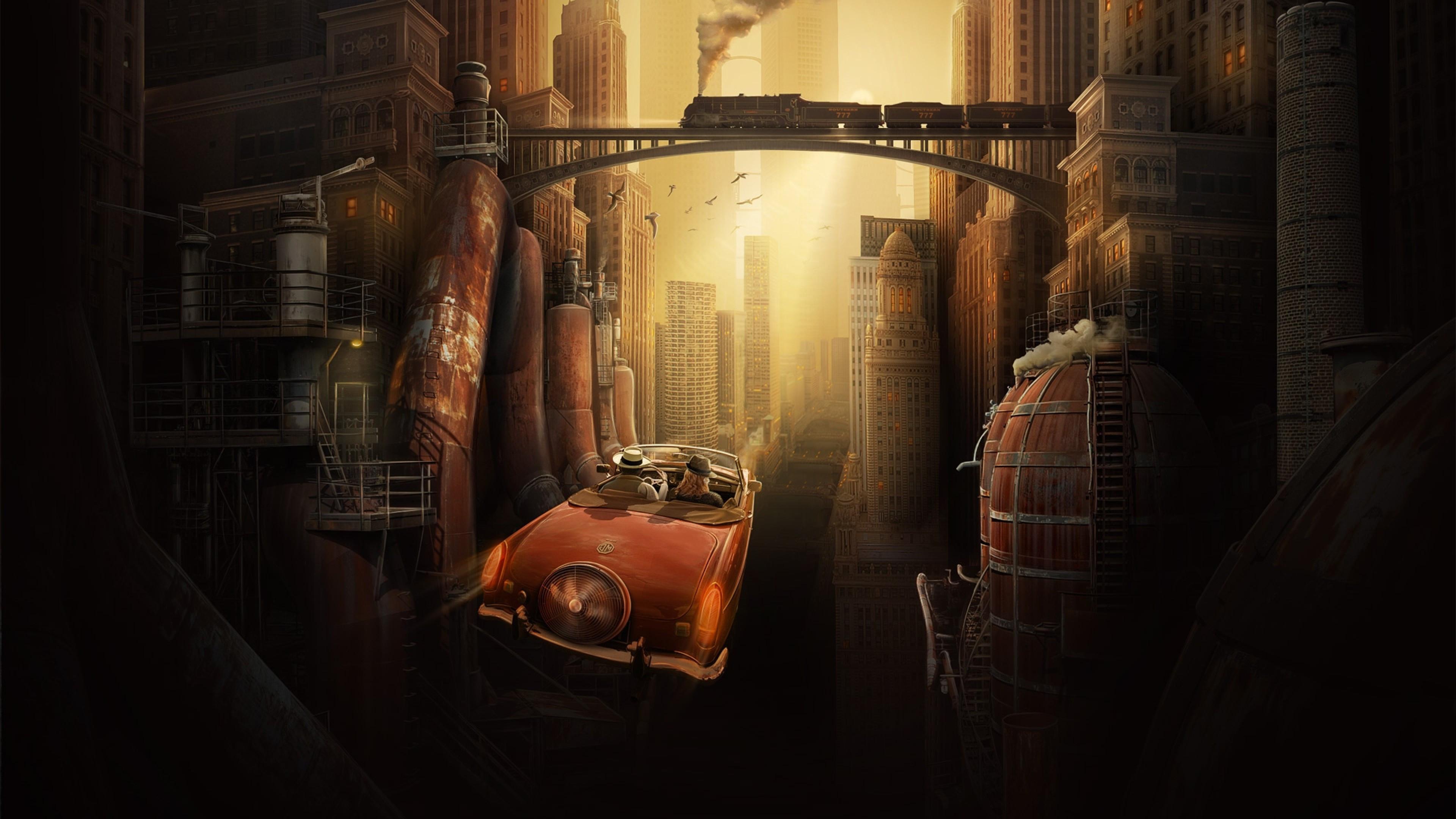 3840x2160 Download 3840x2160 Steampunk, Futuristic City, Flying Car, Retro, Train Wallpaper for UHD TV