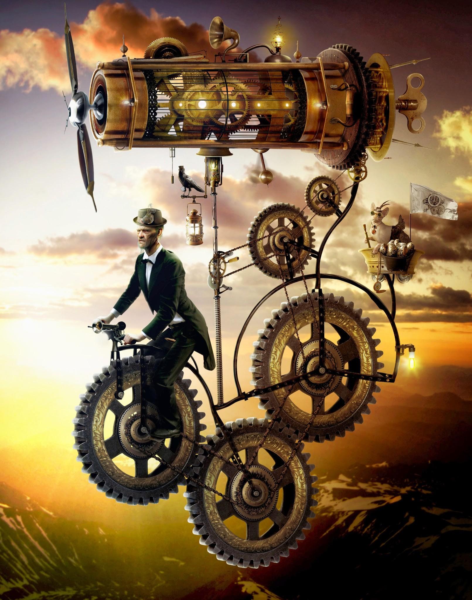 1611x2048 men, Steampunk, Gears, Metal, Digital art, Flying, Flag, Portrait display, Propeller, Chains, Cat, Birds Wallpaper HD / Desktop and Mobile Background