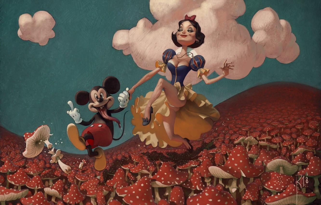 1332x850 Wallpaper Figure, Mushrooms, Background, Fuck, Art, Snow white, Mickey Mouse, Mickey Mouse, Mickey, Illustration, Snow White, Mouse, The Unbearable Lightness of Being, Waldemar von Kozak, by Waldemar von Kozak image for desktop